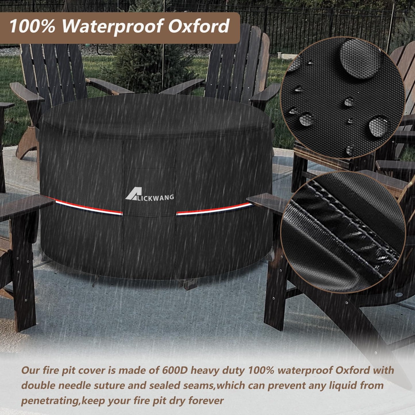 Alickwang Fire Pit Cover Round 36 Inch Waterproof,Outdoor Heavy Duty Durable 600D Tear-Resistant Fire Pit Table Cover,Patio Round Firepit Cover 36" D x 24" H, Black