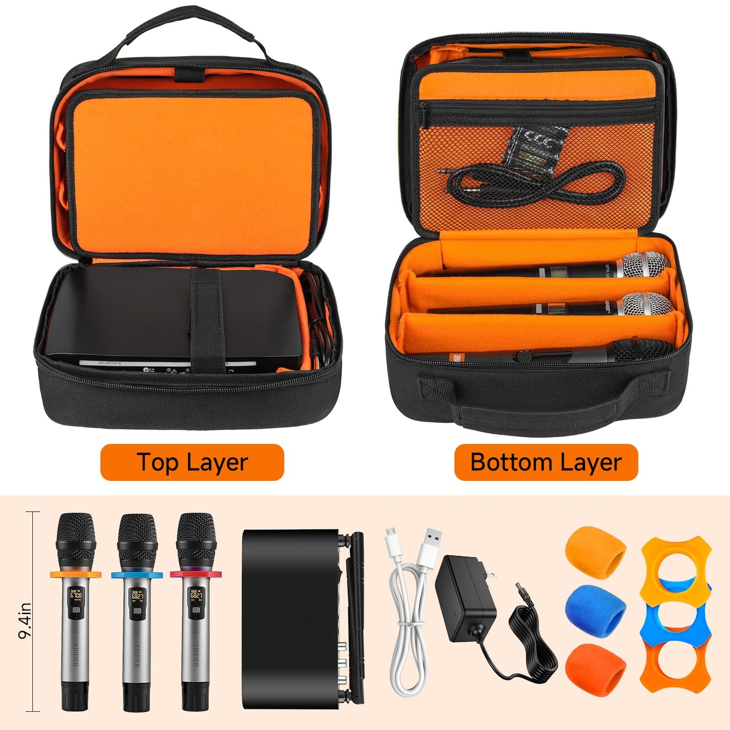 MRINCA 3 Slots Wireless Microphone Case,Microphone Carrying Bag Fits for Microphones Up to 9.4’’,Microphone Box for Microphones and Channel Receiver,Bag Only