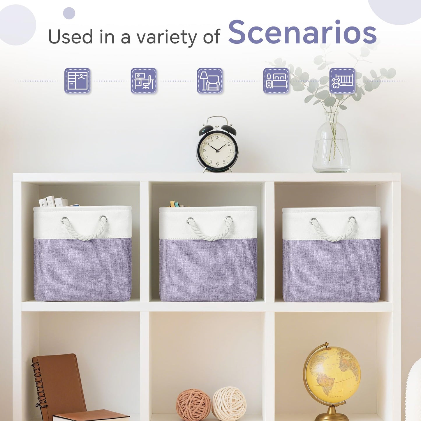 FinishingBo Cube Storage Bins, 6 Pack 11x11 inch with Cotton Handles for Closet, Shelves, Clothes, Towel (White/Purple-6 Pack)
