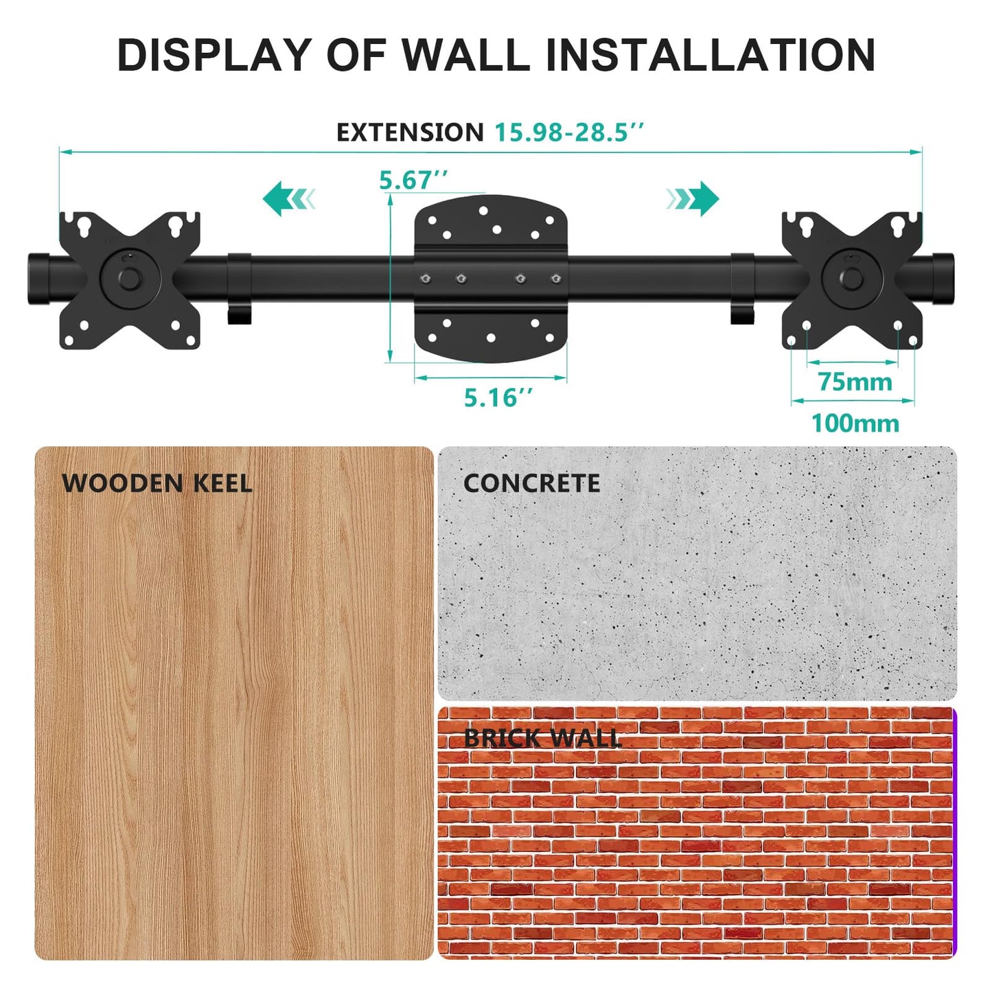 WALI Dual Monitor Arm Wall Mount up to 27 inch, Single to Double Bracket Adapter, Horizontal Assembly Monitor Arm for 2 Screens, Holds Up to 22lbs per Arm (012ARM), Black