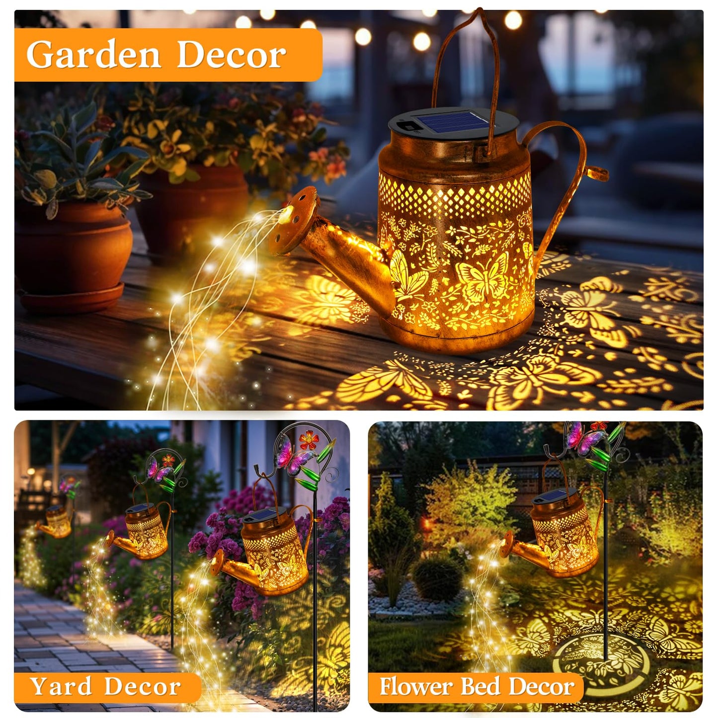 Solar Powered Butterfly Watering Can Lights Waterproof Outdoor Garden Decor with Shepherd Hook Hanging Patio Lights for Yard, Porch, Backyard Perfect Gardening & Birthday Gift for Women, Mom, Grandma