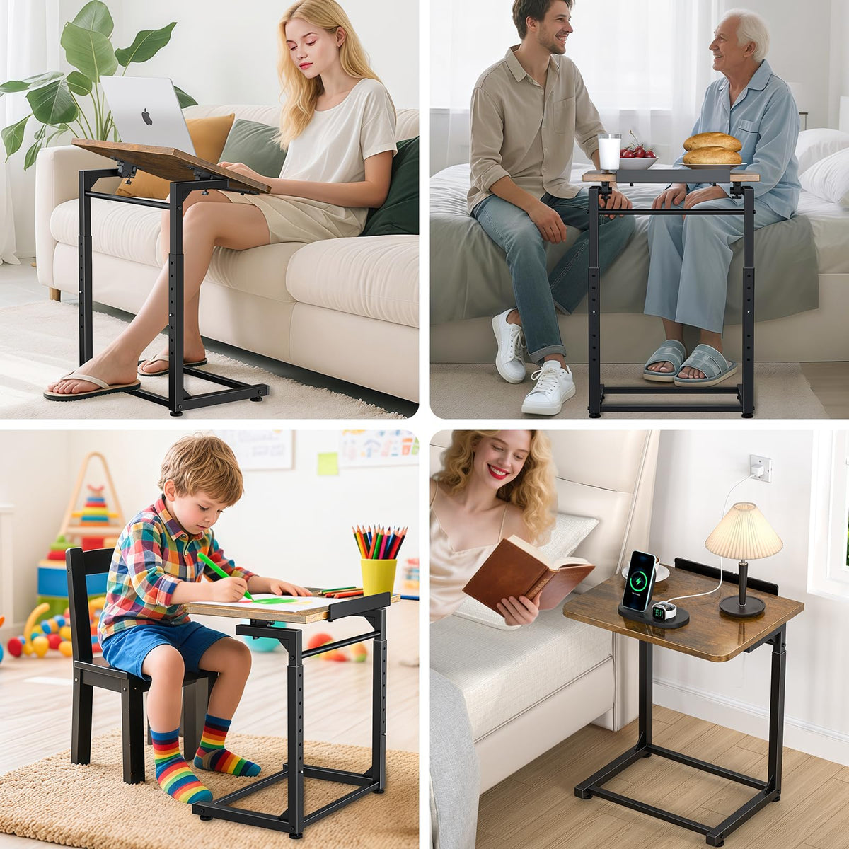 Tv Tray Table, 8-Level Adjustable Height Couch Side Table，90° Tilt Angle Adjustments C-Shaped End Table, with Phone & Tablet Slot Sofa Computer Desk for Couch, Sofa, Bed, Chair, Living Room (Brown)