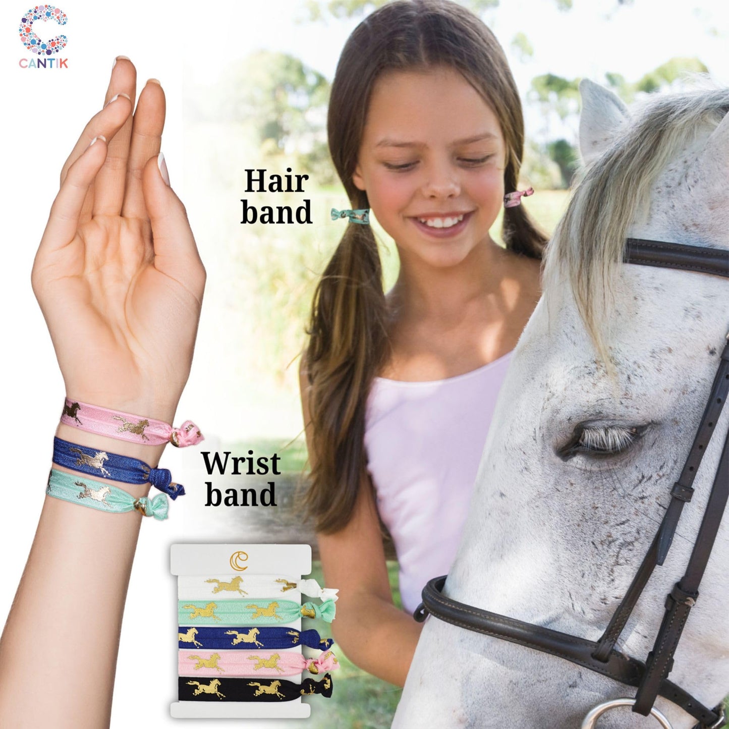 Cantik Horse Socks & Horse Hair Ties - Knee High Equestrian Socks (3 Pairs), Soft & Cotton Rich - Perfect Horse Gift For Girls, Teenagers, & Horse Lovers. Horse Riding Socks & 5 Ouchless No Crease Hair Ties Gift Set Cantik Horse Socks & Horse Hair Ties -