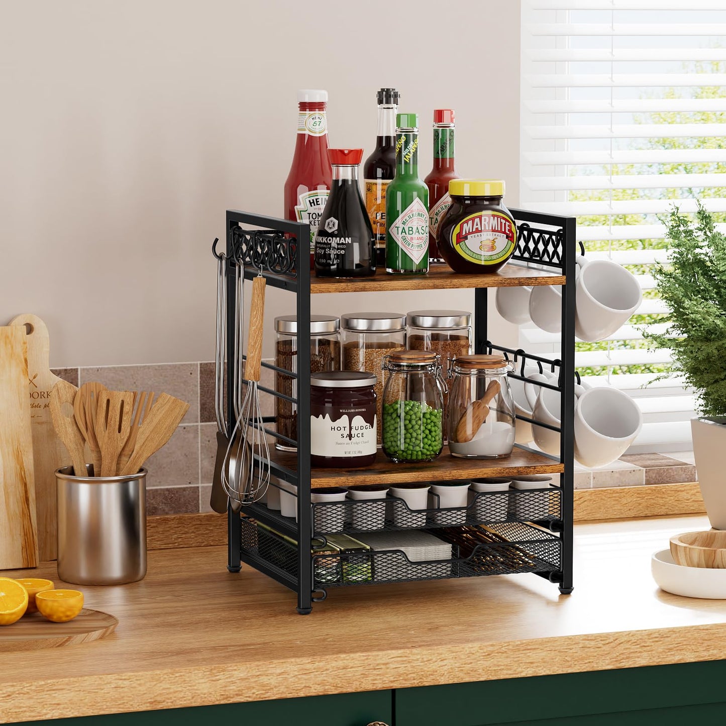 Plaviya Coffee Bar Organizer Countertop Station Shelf, 4 Tier Mug Cup Holder Stand with 12 Hooks, 60 K Cup Coffee Pod Drawer, Multifunctional Coffee Shelf Organizer for Accessories Station Kitchen