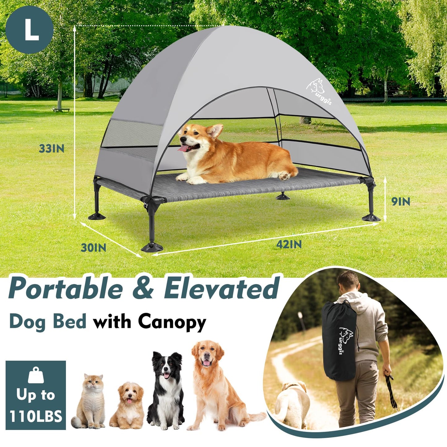 Upgraded Elevated Dog Bed with Canopy, Portable Raised Outdoor Dog Bed with Stable Anti-Slip Feet, Wider Shade Pet Bed Cot, Raised Dog Beds for Large Dogs Camping (Black & Grey, Large)
