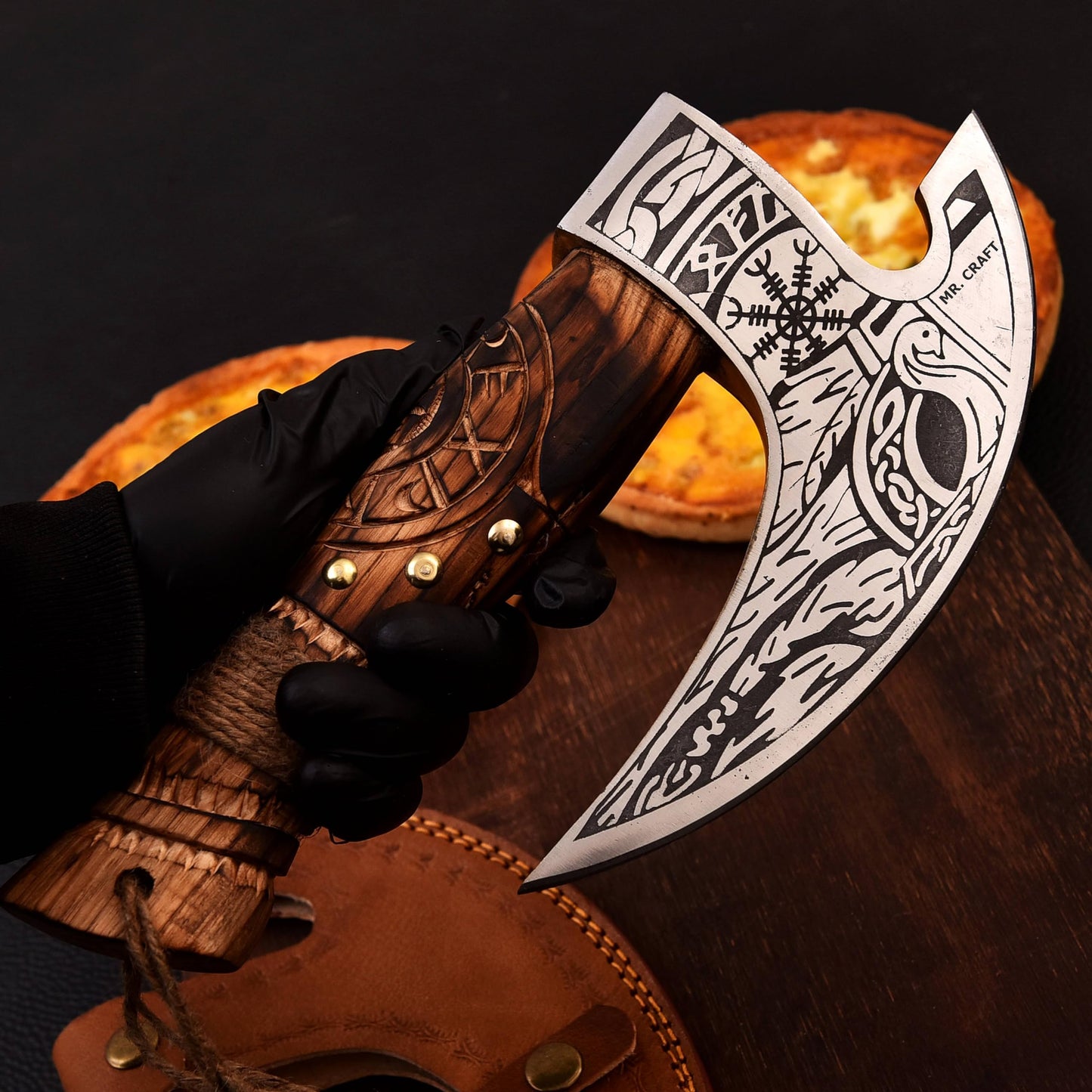 MR. CRAFT Pizza Cutter Axe Rocker by - Carbon Steel Slicer Chef Pizza Cutter Viking Axe with Leather Cover - Premium Pizza Oven Accessories Ulu Rocking Pizza Gift Gifts for Men (Engraved Ash Wood)