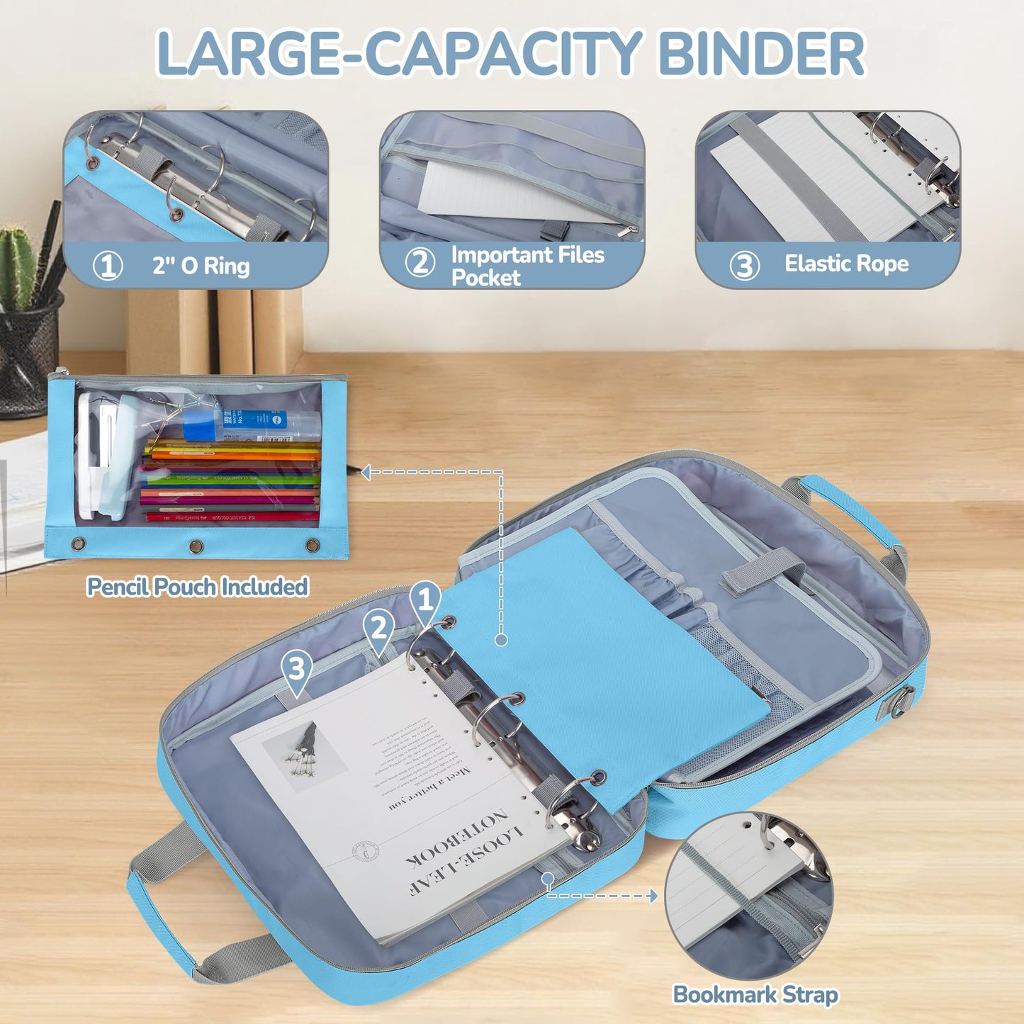 Yarwo 3 Ring Zipper Binder with Binder Pencil Pouch, Expanding File Organizer with Padded Sleeve Fit for 14 Inch Laptop, Portable Document Organizer Bag for Home, College, Office Supplies, Blue