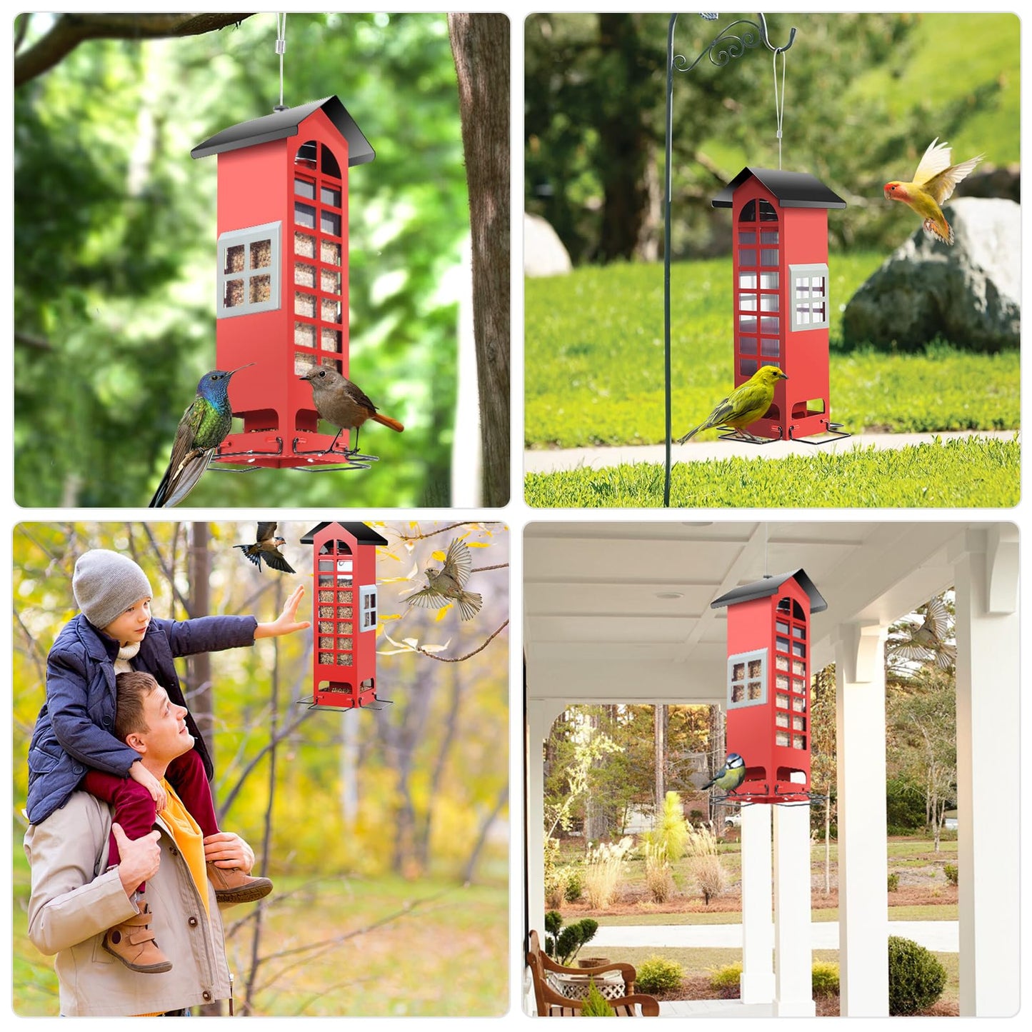 Bird Feeders Squirrel Proof for Outdoors Hanging - Weight Activated Metal Wild Bird Feeders Tube Birdhouse Seed Feeder with 4 Feeding Ports,2.5LB Capacity for Cardinal,Sparrow,Finch,Chickadee