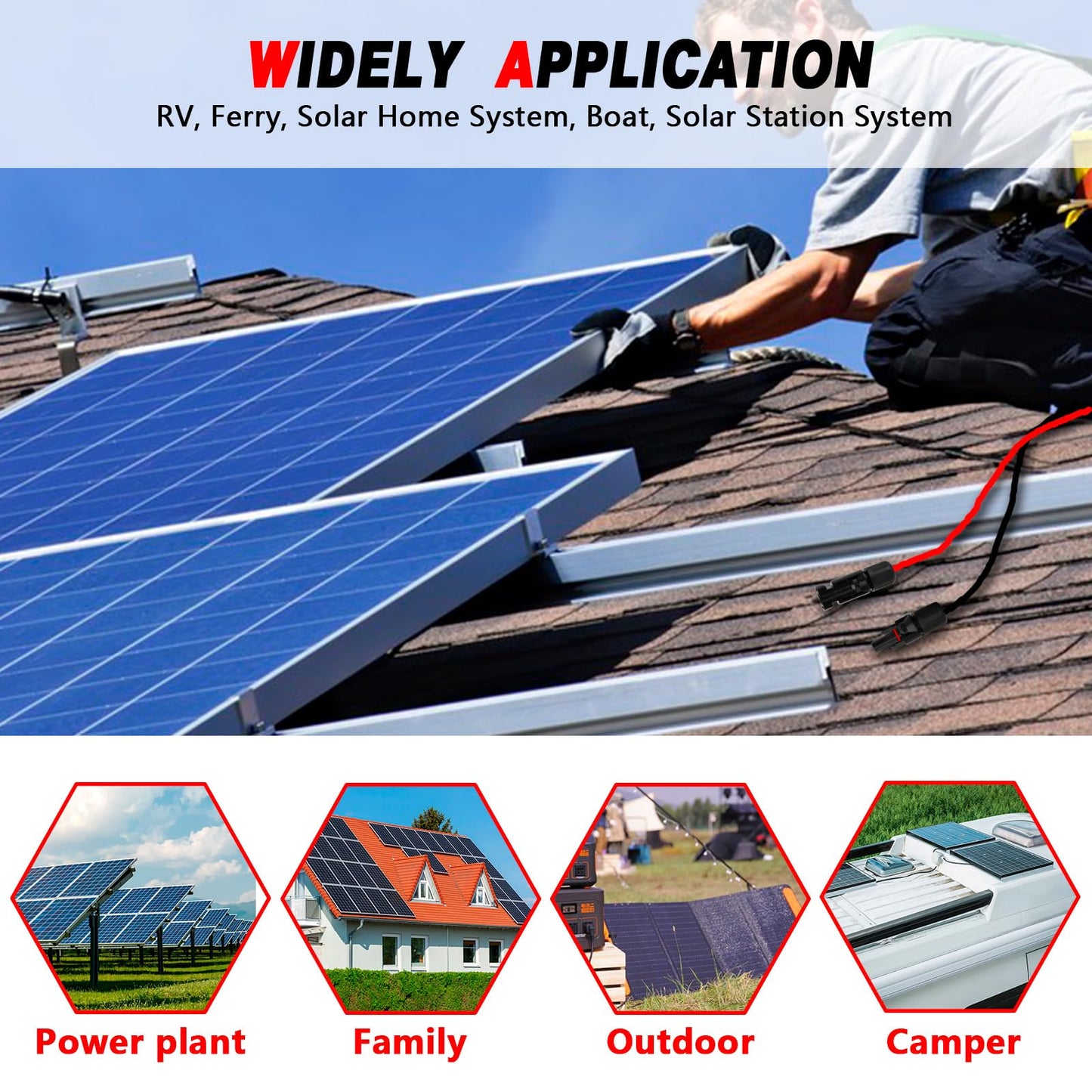 OPL5 30 Feet 10AWG Solar Panel Extension Cable with Female and Male Connector with Storage Bag Weatherproof Cable Kit for RV Camper Ferry (30FT Red + 30FT Black 10AWG)