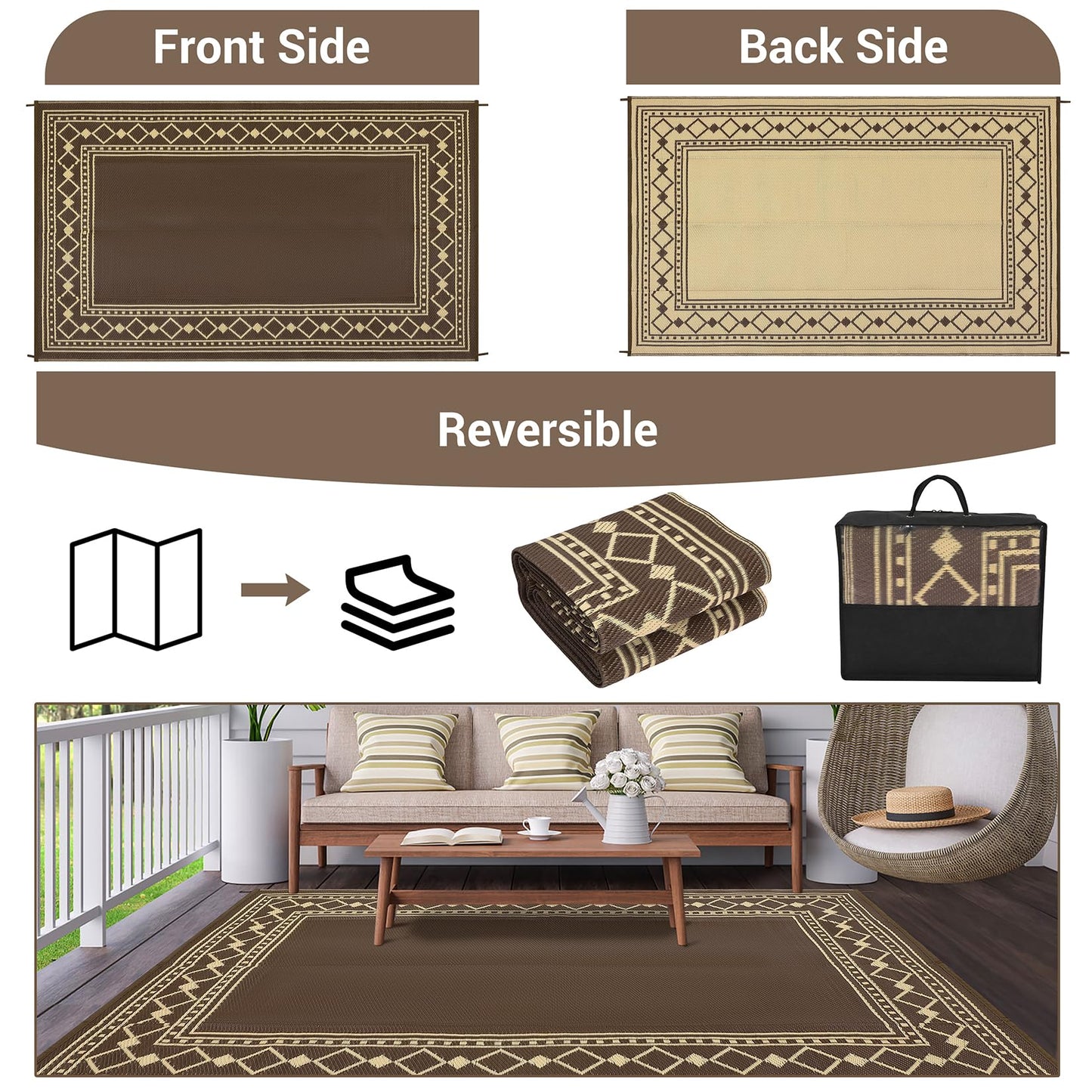 Garvee 6x9 Outdoor Camping Rug for Garden Contemporary Diamond Bordered Outdoor Picnic Mat Washable Non-Slip Easy-Clean Camper Carpets Brown Folding Portable Area Rug for Beach Backyard RV
