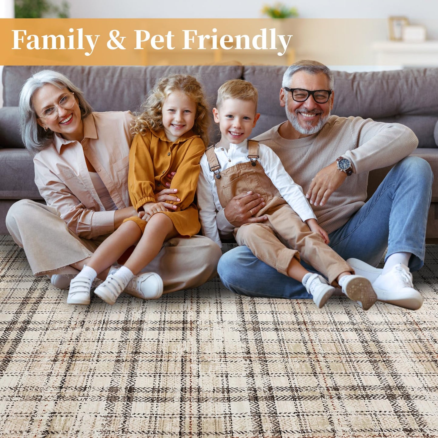 GarveeHome Washable Area Rugs 5x7 Rug for Living Room Modern Plaid Rugs for Bedroom Non Slip Farmhouse Ultra Soft Rugs Non Shedding Stain Resistant Carpet for Nursery Office Beige 5 ft x7 ft