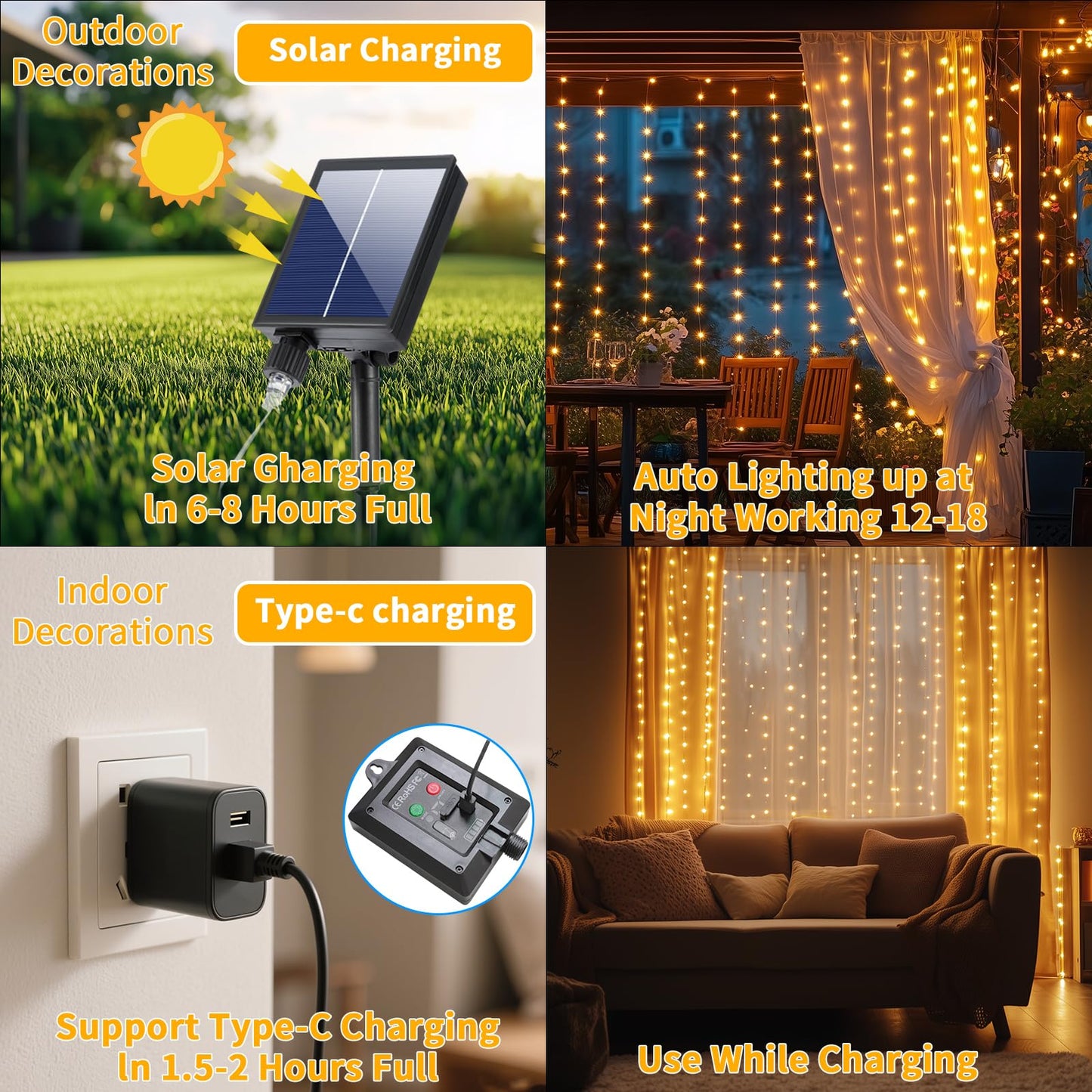 Adericher Solar Curtain Lights 10x10Ft 300LED Waterfall Lights with USB Rechargeable Waterproof Remote 8 Modes Timer Hanging Twinkle Fairy String Lights for Wedding Pergola Gazebo Bedroom Christmas