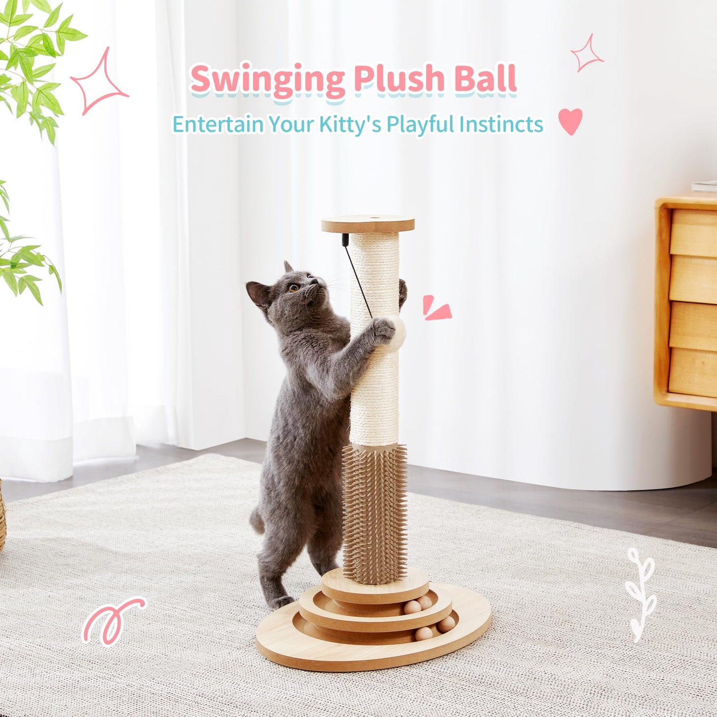 Made4Pets Wooden Cat Scratching Post with Interactive Toys & Brush Scratching Post for Indoor Cats/Kitten Toys 23" Tall Cat Scratcher with Dangling Plush Balls Modern for Medium/Small Cats