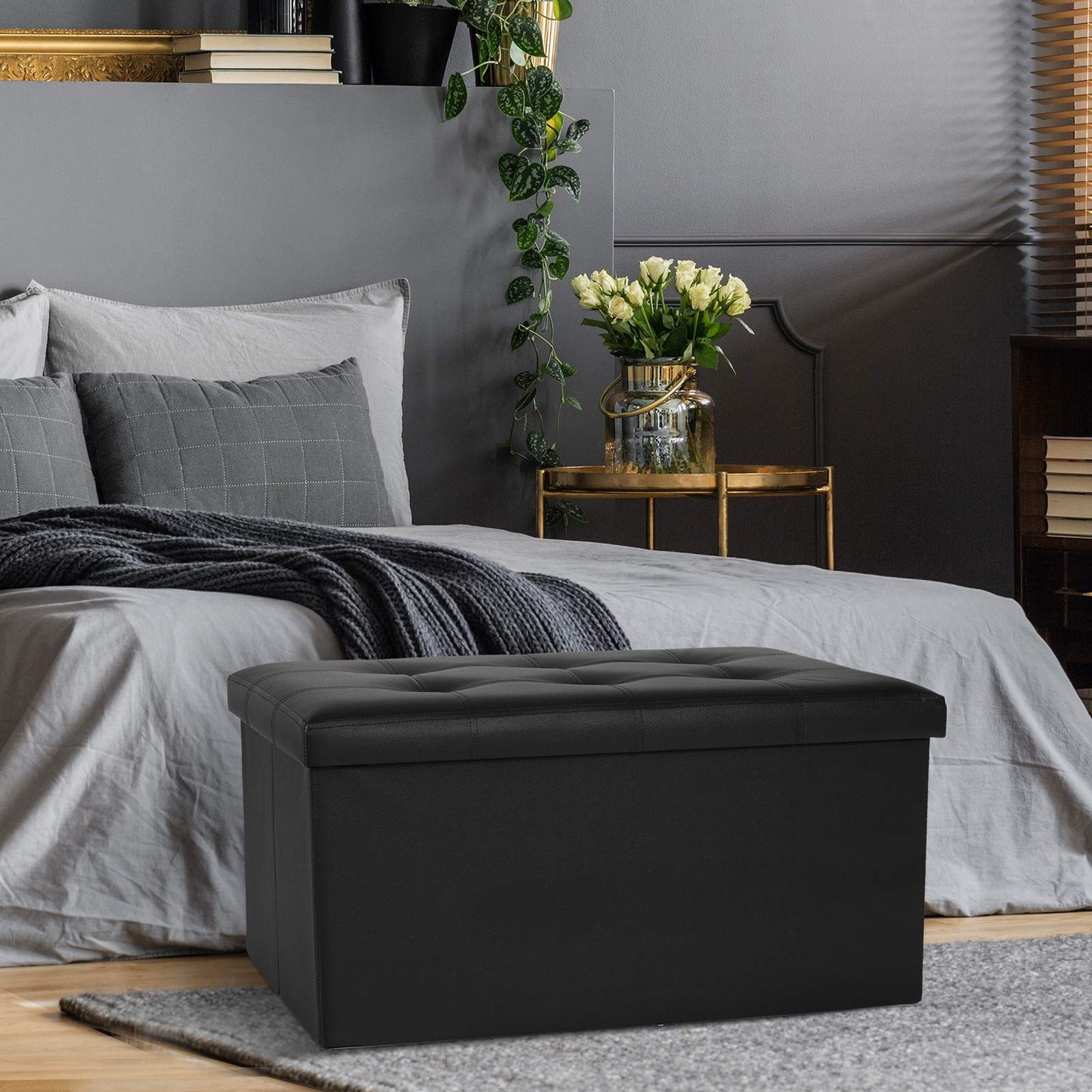 COSYLAND Faux Leather Bench Ottoman with Storage, 76x38x38 Centimeters Folding Ottoman with Storage for Bedroom, Large Collapsible Bench Ottoman for Living Room (Black)