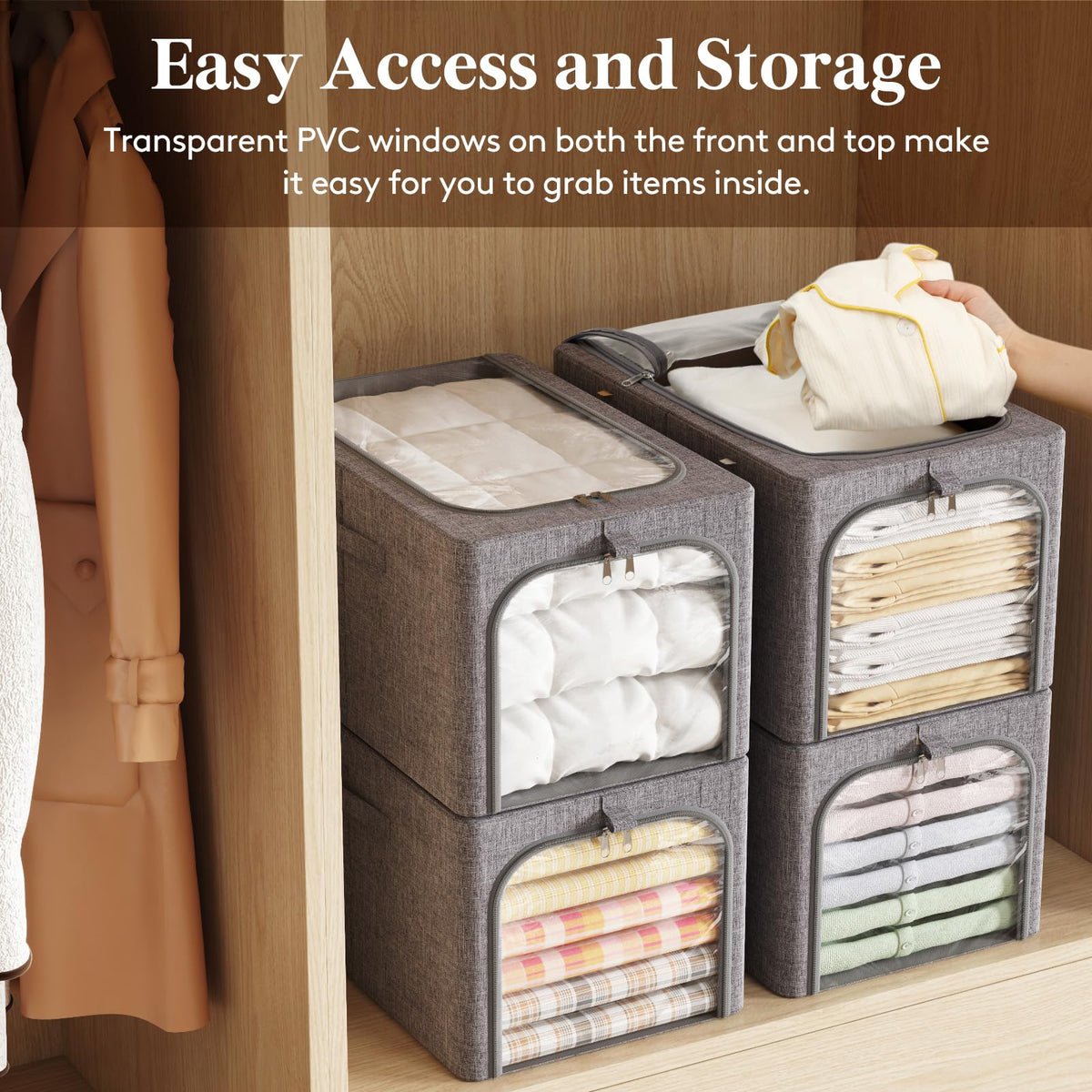 Lifewit 4 Pack Clothes Storage Bins with Metal Frame, Foldable Clothing Storage Bins, 40L Stackable Storage Box Storage Bags Fabric Bins Organizer with Lids, Clear Window＆ Zippers＆ Sturdy Handles