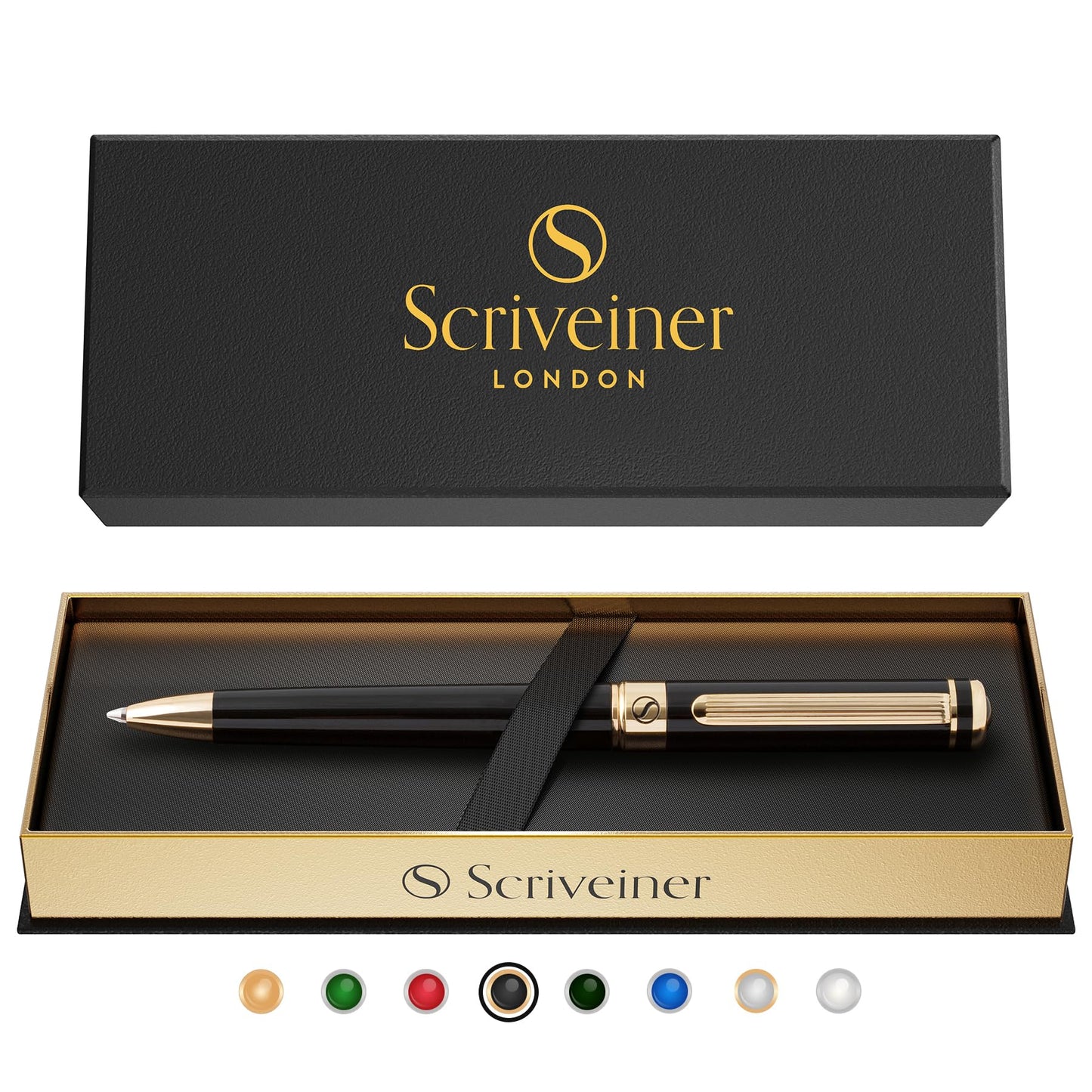 Scriveiner Black Lacquer Ballpoint Pen - Stunning Luxury Pe, Real Gold Plating, Schmidt Black Refill, Best Ball Pen Gift Set for Men & Women, Professional, Executive, Office, Nice Pens