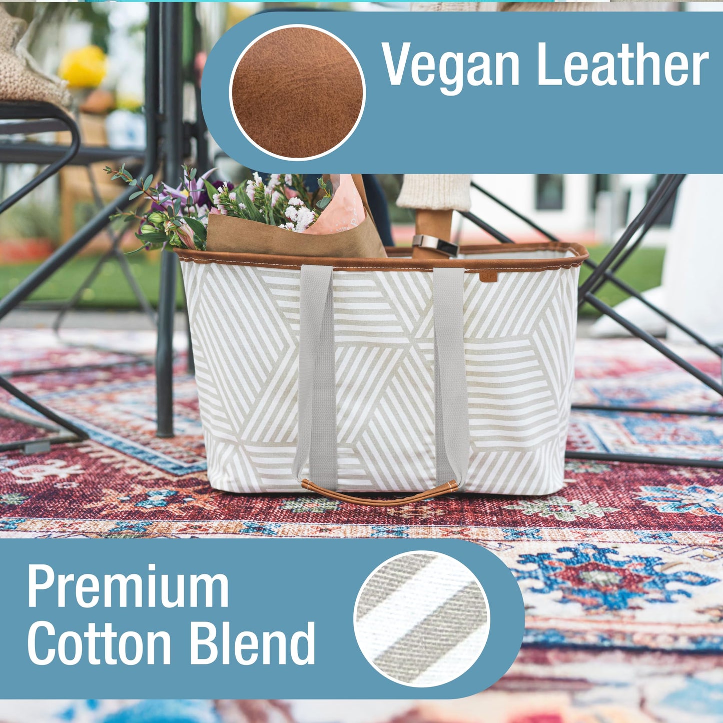 CleverMade Snapbasket Luxe Collapsible Tote - Geometric Taupe 1 Pack 30L / 8 Gal - Reusable Grocery Collapsible Storage Shopping Organizer