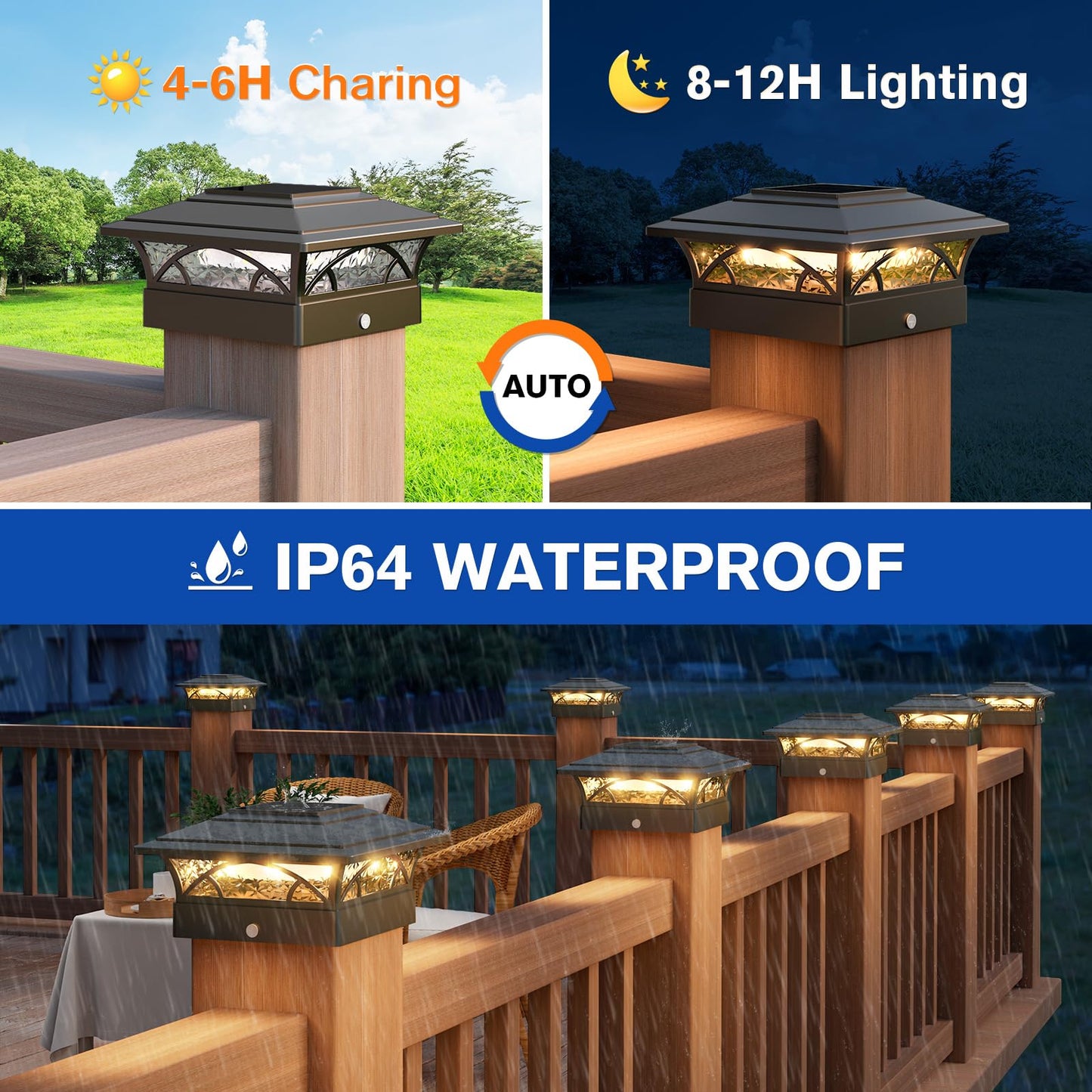 APONUO Solar Post Cap Lights,Fence Post Solar Lights,2-Mode Solar Post Lights Outdoor Waterproof Garden Patio Yard Lights for Fence Deck 4x4 5x5 6x6,Auto On/Off,Easy to Instal,Black 6 Pack