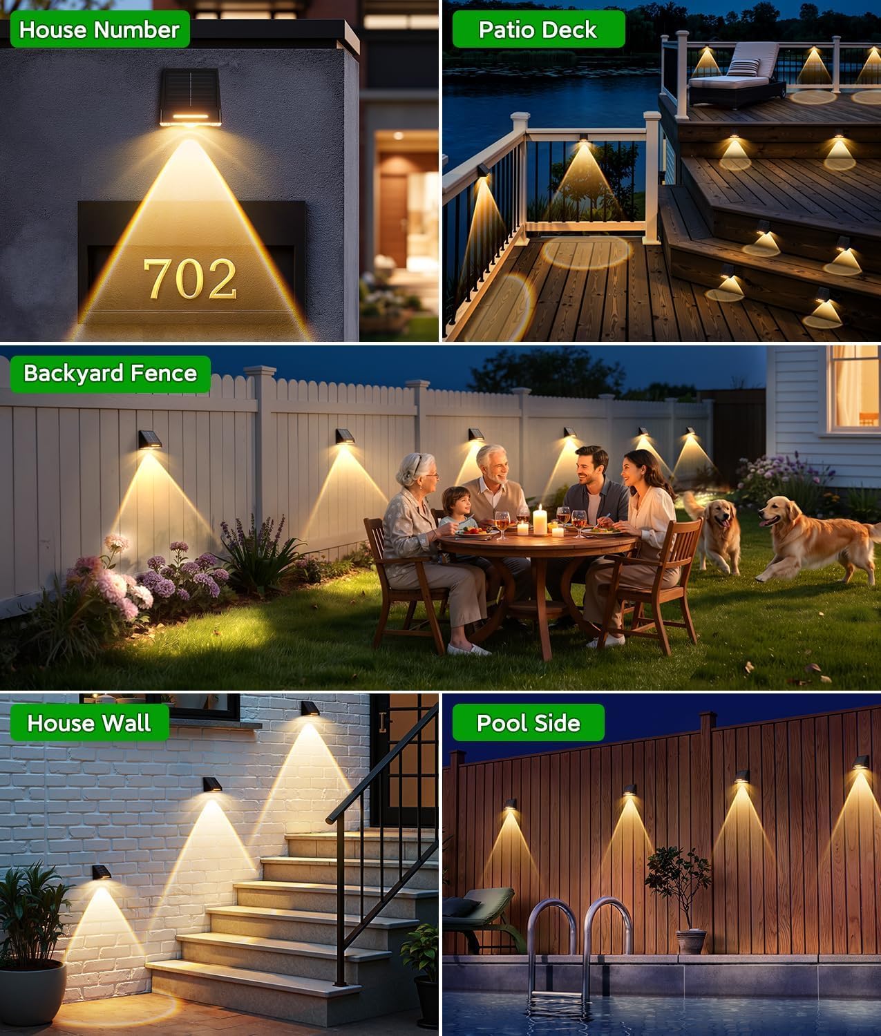 BUCASA Solar Fence Lights Outdoor 8 Pack - Brighter Focused Lens, Cold White & Warm Light Fence Solar Lights Outdoor Waterproof, Auto ON/Off Deck Lighting for Wall, Patio, Backyard, Step, Railing