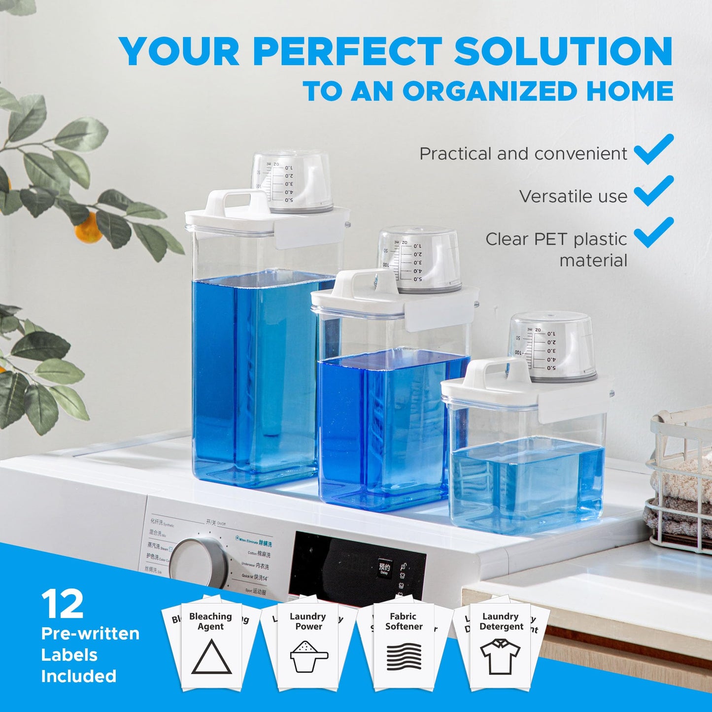 [3 Pack] Liquid Laundry Detergent Dispenser for Laundry Room Organization and Storage, 61oz Large Capacity Laundry Soap Containers with 12 Removable Labels, BPA Free & PET Plastic Clear