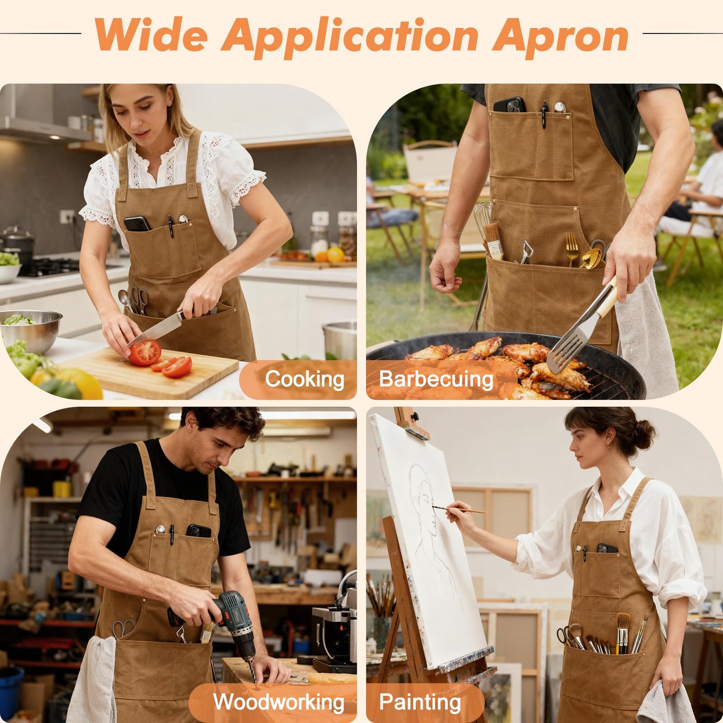 Fammio Chef Apron for Men BBQ, 16oz Cotton Canvas Aprons with 7 Pockets/Cross Back Straps/Quick Release Buckle, Durable Heavy Duty Apron for Kitchen Cooking, Paiting, Baking (Camel,L)