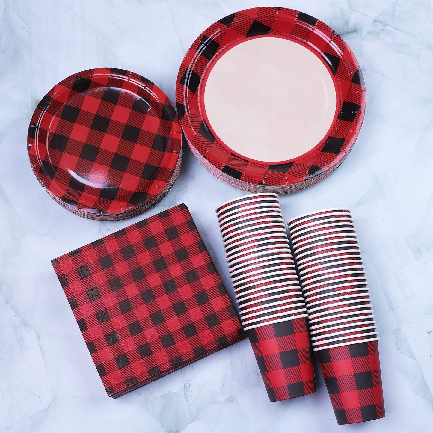 Aneco 200 Pieces Red and Black Buffalo Plaid Dinnerware for 50 Guests Disposable Buffalo Check Paper Plates Cups and Napkins Tableware for Baby Shower Party Decorations