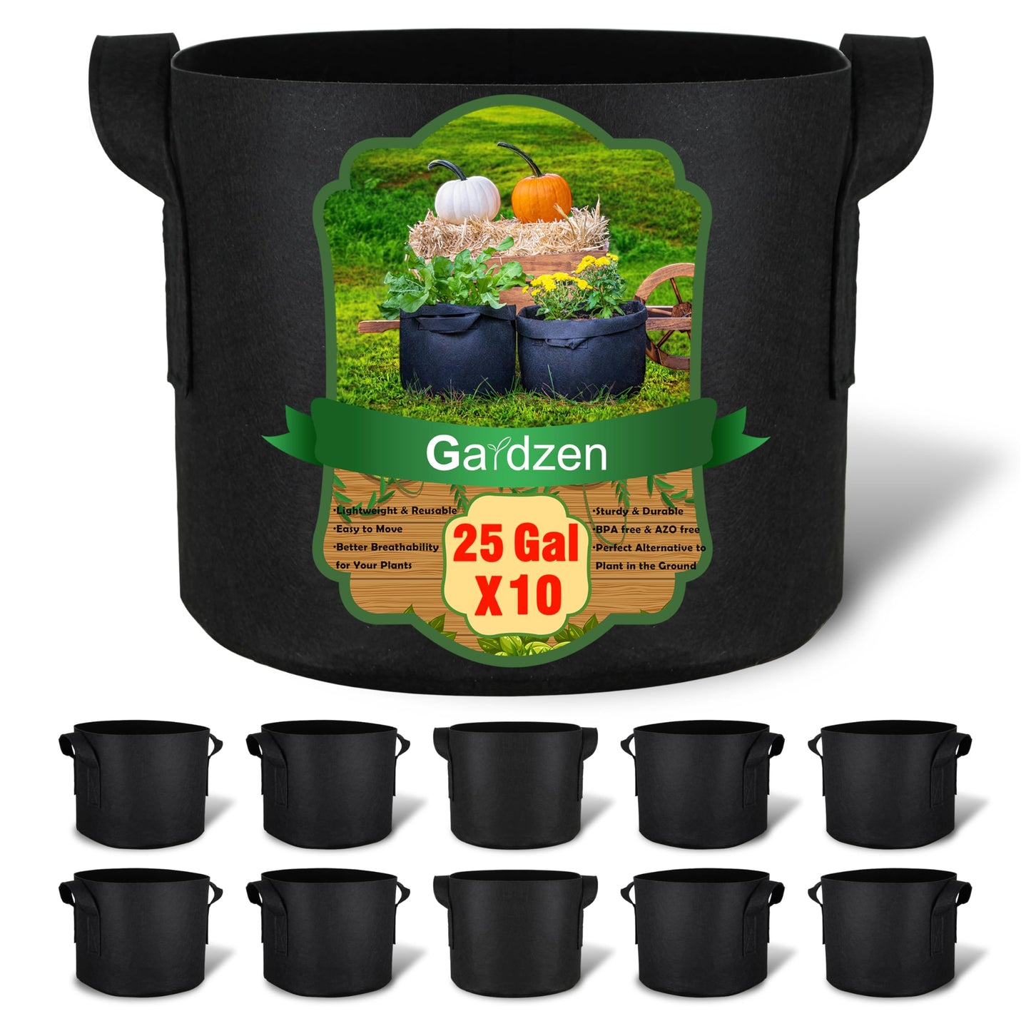 Gardzen 10-Pack 25 Gallon Grow Bags, 300G Thickened Aeration Fabric Pots with Handles, Heavy Duty Cloth Pots for Plants