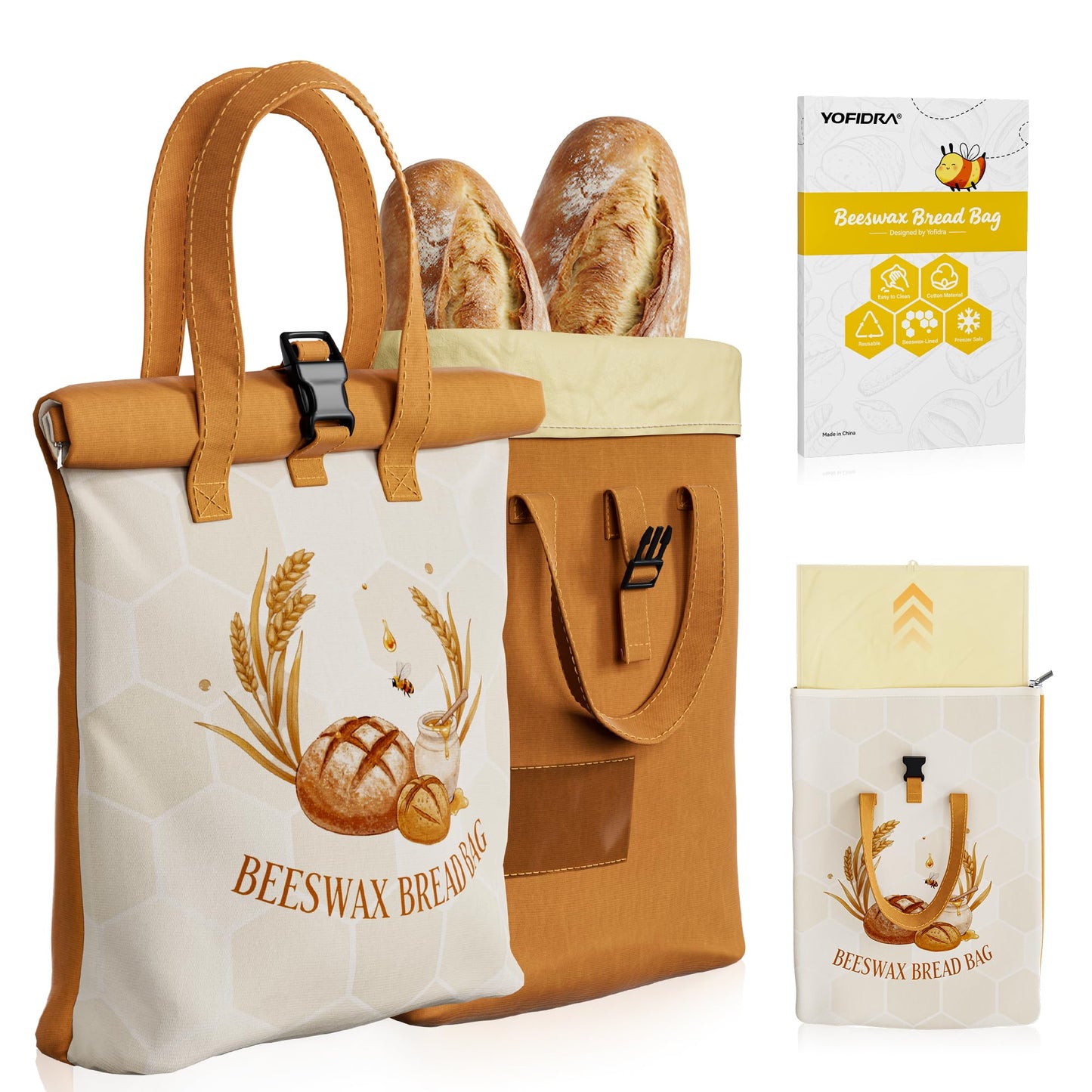Yofidra Beeswax Bread Bag for Sourdough & Homemade Bread (Reusable & Eco-Friendly) - 100% Natural Beeswax & Cotton, Stylish Bag Design, Detachable for Easy Cleaning, Long-Lasting Freshness (2 Packs)