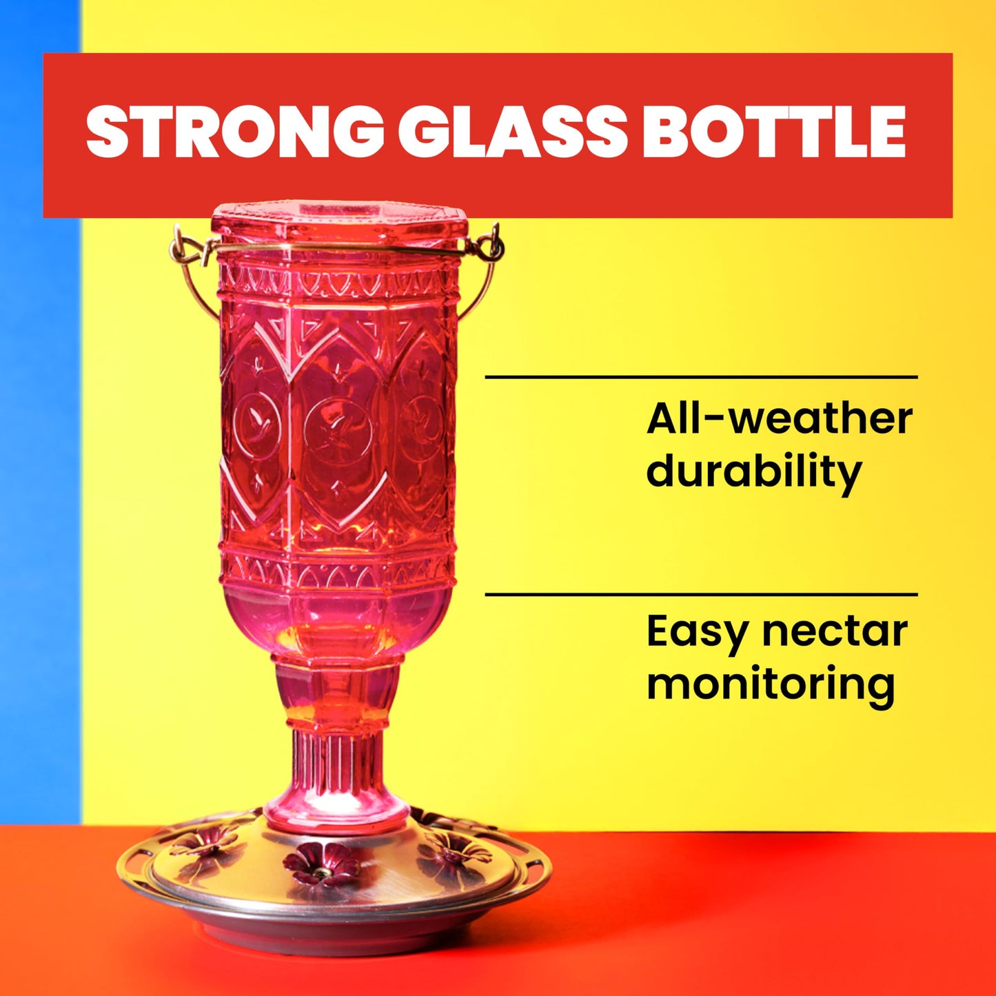 More Birds 76IN Jewel Glass Hummingbird Feeder, Red - 20 oz