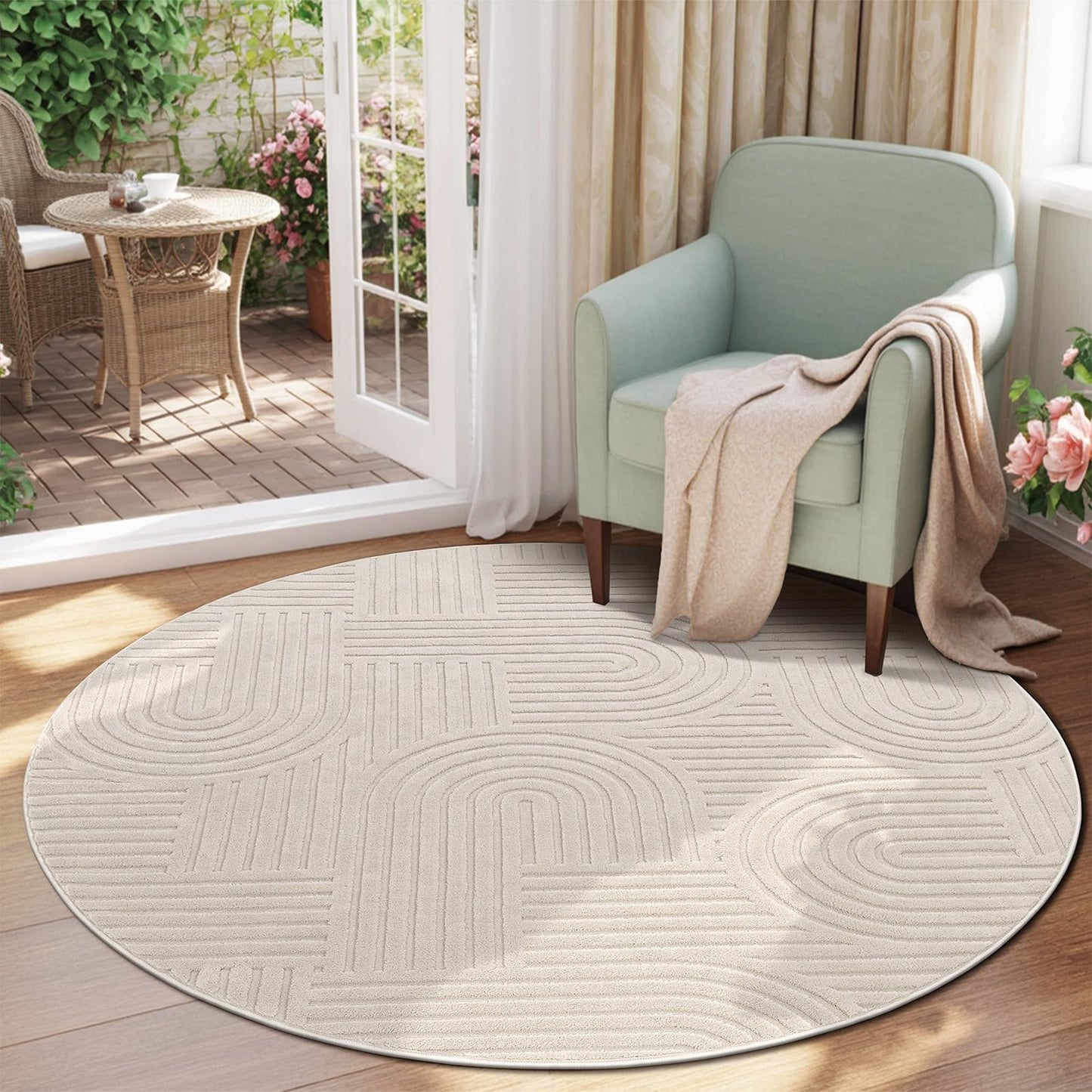 HEBE Round Area Rug 5.2 Ft, Washable Rugs for Living Room Circle Rug, Non Slip Soft Geometric Carpet for Kids Baby Room Bedroom Nursery Home Decor, Beige