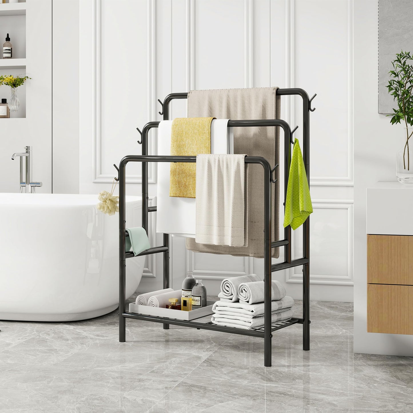 VERFARM Freestanding Towel Rack, 3 Tier Towel Rail Metal Towel Holder Drying Stand with Storage Shelf, Blanket Holder, 6 Hooks, for Bathroom Accessories Organizer, Bath & Hand Towels Storage, Black