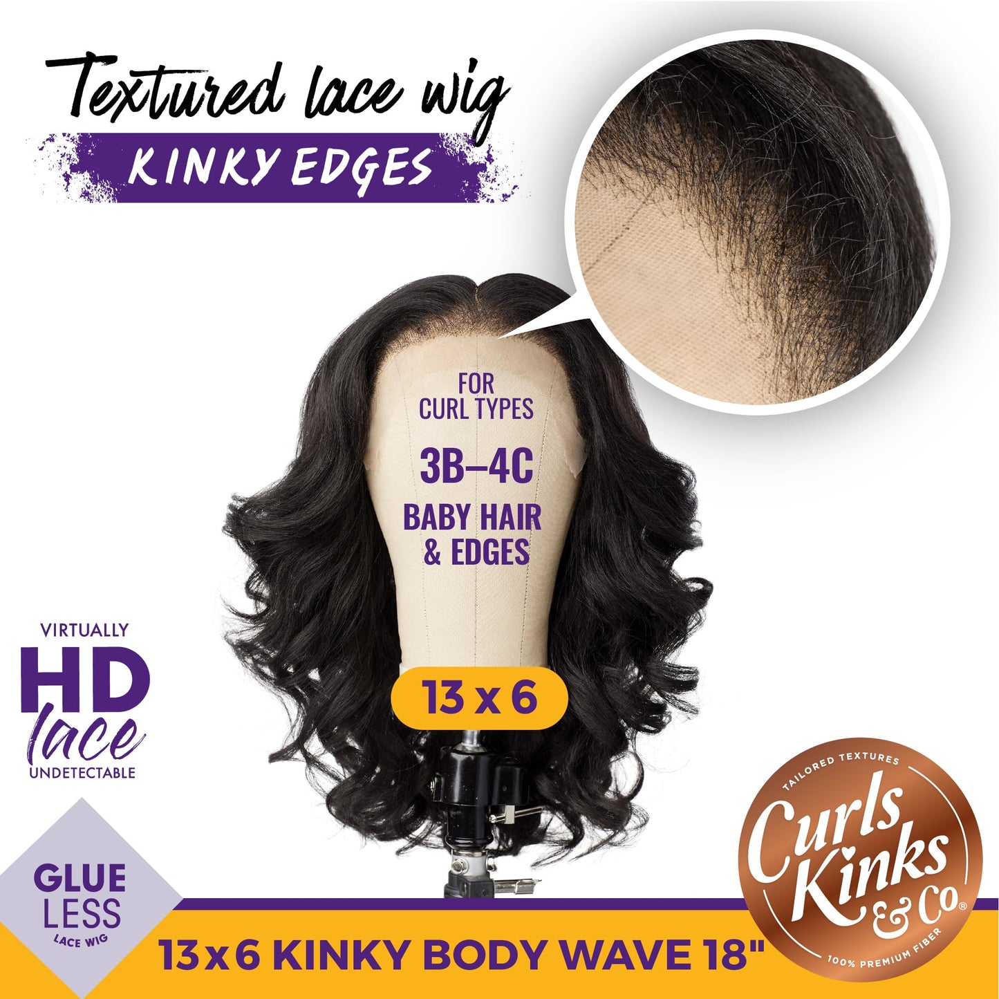 Sensationnel Curls Kinks&Co Synthetic Textured Lace Front Wig - 13X6 Kinky Body Wave 18" (Color:1B OFF BLACK)