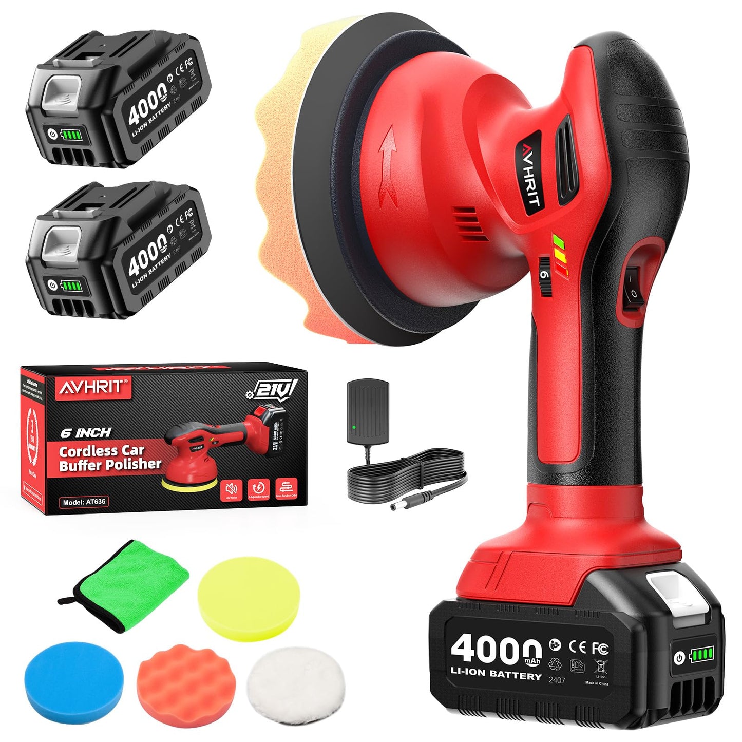 Cordless Car Polisher, 4000mAh 21V Batteries, 6- Inch Car Polishing Machine, 8mm Orbita Car Buffer Waxer Kit, 6 Variable Speeds for Scratch Detailing, Boat Care, Waxing