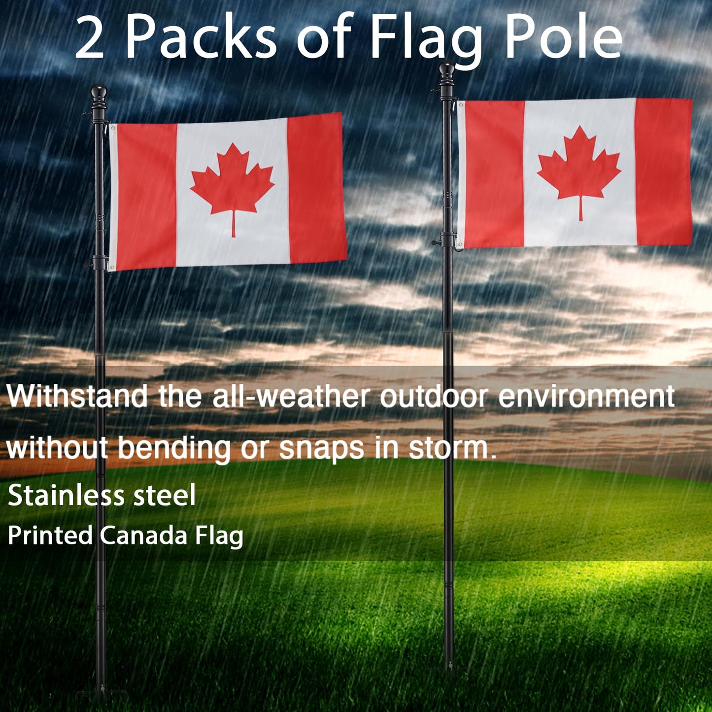 Ground Flag Poles for Outside House inground 2 Pack, 90 inch Black Heavy Duty Flag Pole Kit with 3x5ft Canada Flag, 2 Pronges Base and Tangle Free Flagpole Rings for Outdoor