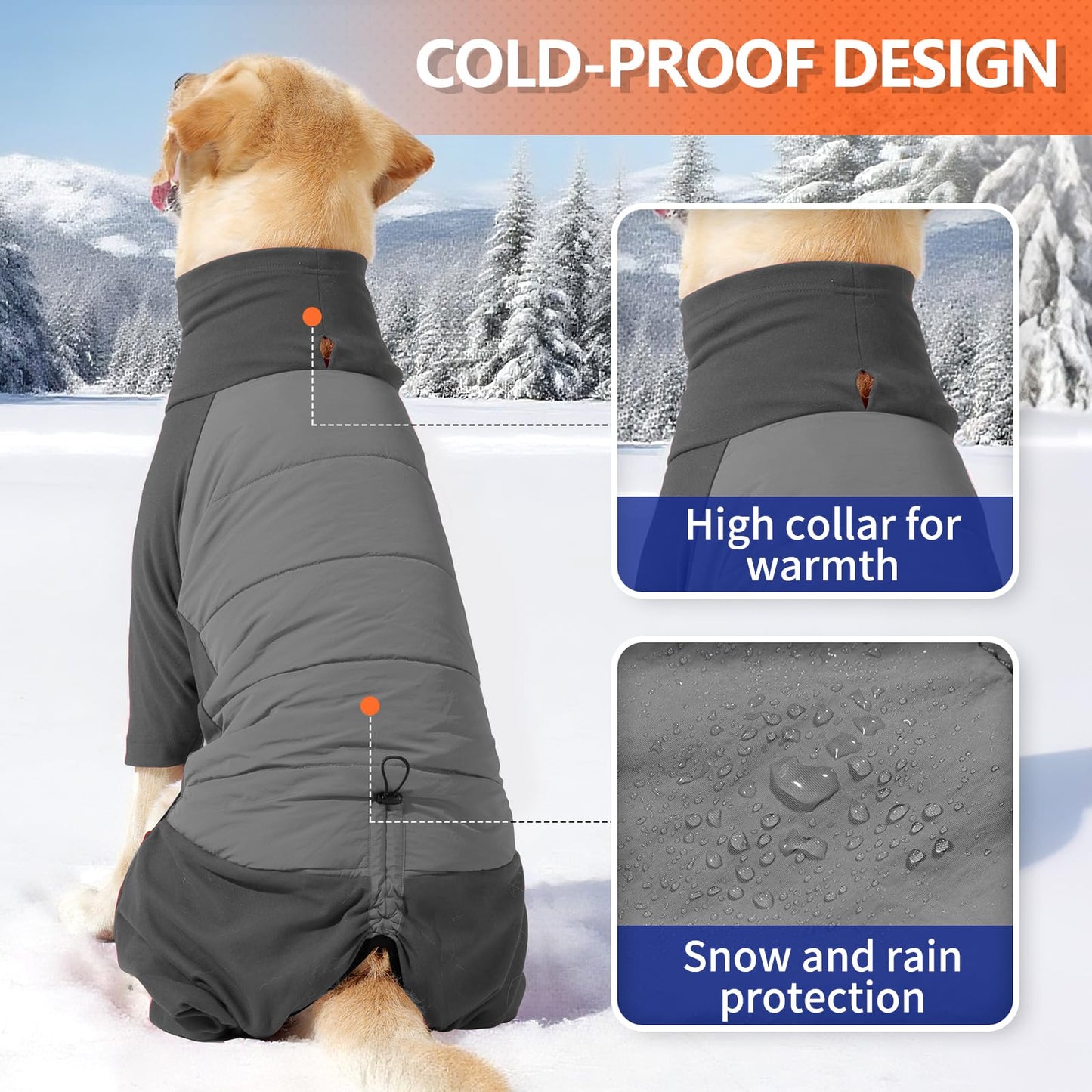BRKURLEG Full Body Dog Winter Coat Warm Fleece Pullover Pajamas, Four Legs Covered Windproof Dog Jacket for Small to Large Dogs, Turtleneck Dogs Snowsuit, Pet Cold Weather Clothes, Grey M