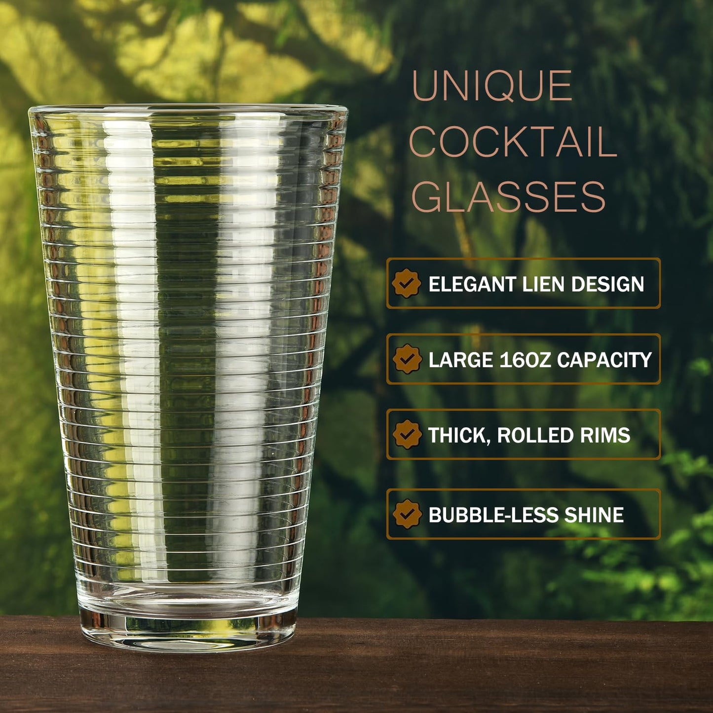 ALINK Glassware Drinking Glasses Set of 6, Premium Quality 16 Oz Highball Glass Cups. Coolers, Ribbed Glassware. Ideal for Water, Juice, Cocktails, and Iced Tea. Dishwasher Safe