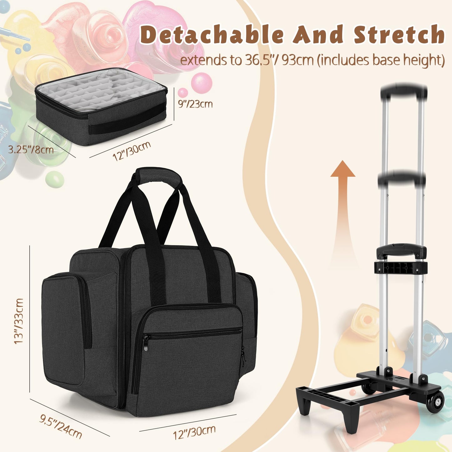 BAFASO Rolling Nail Polish Organizer Holds 144 Bottles, Nail Polish Case with a Detachable Dolly and 3 Removable Cases (Patented Design), Black