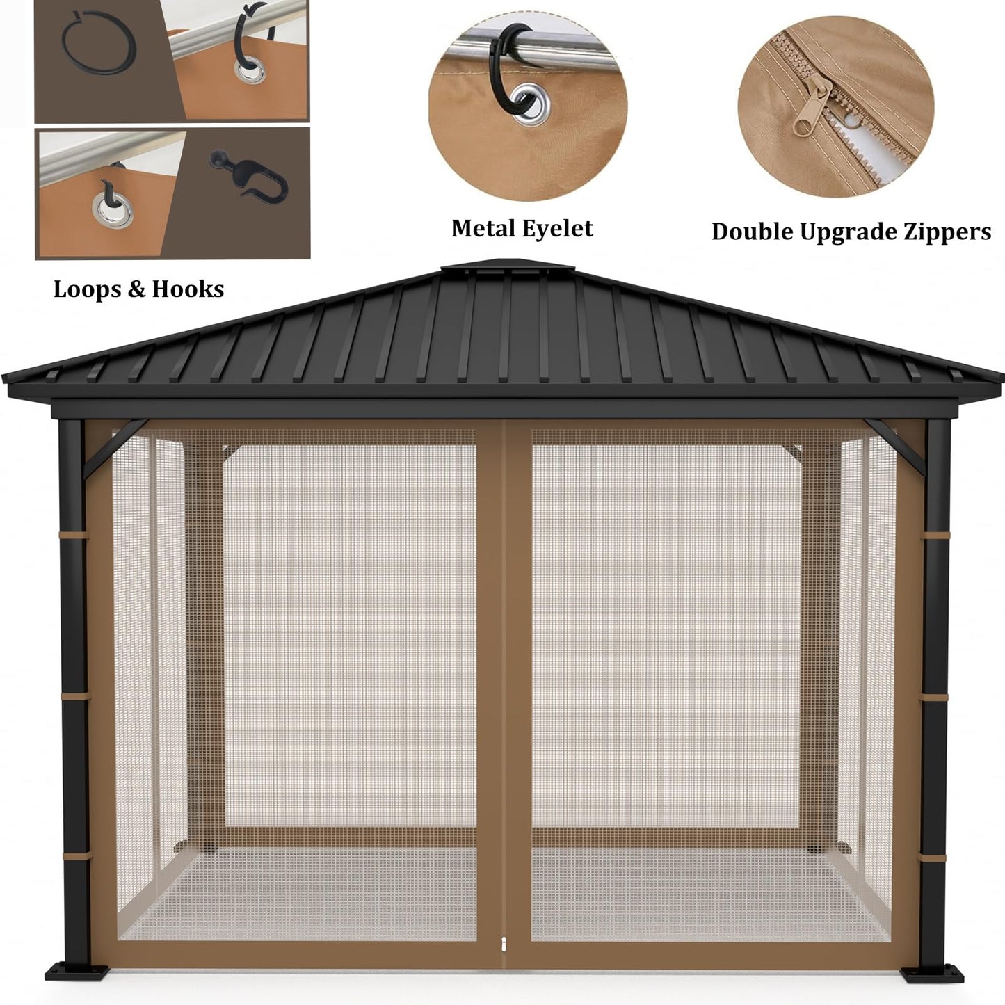 Mosquito Net Screen Walls for Outdoor Gazebo Canopy, 4-Panel with Zipper, Patio Tent Netting (Brown, 10 * 10 FT)