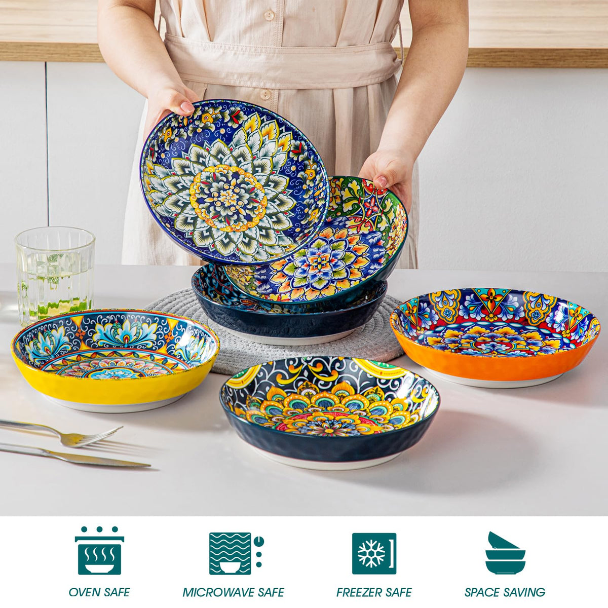 vancasso Pasta Bowls, Ceramic Salad Bowls of 6, 32 oz Large Corlorful Serving Bowls, Dishwasher & Microwave Safe Soup Bowls, Pasta Plates