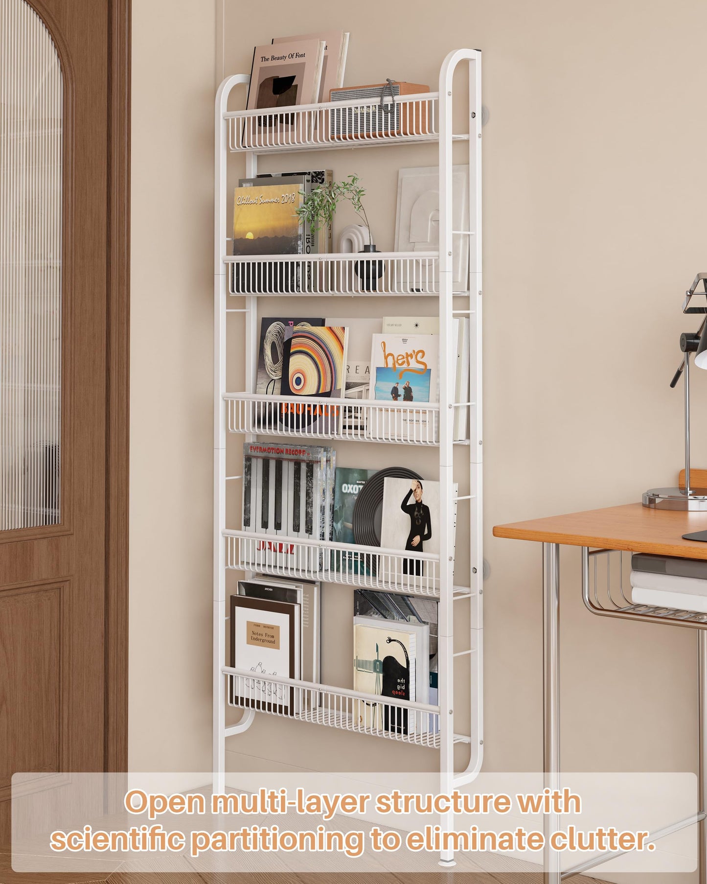 UMDONX Narrow Metal Storage Shelf Behind Door Organizer 5 Tier, Bookshelf Bookcase Book Rack Bathroom Shelving Unit Multifunctional (White 62x9x160cm)