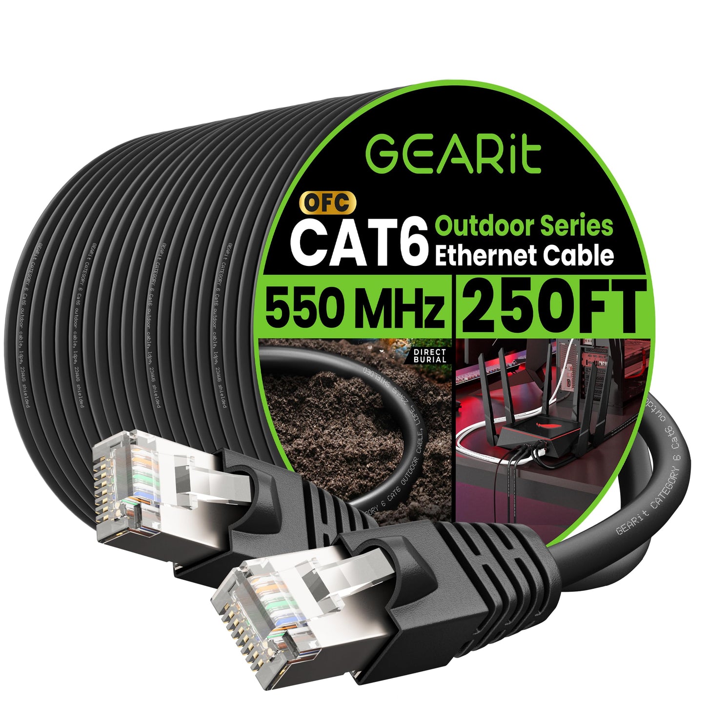 GearIT Cat6 Outdoor Ethernet Cable (250ft) 23AWG Pure Copper, FTP, LLDPE, Waterproof, Direct Burial, In-Ground, UV Resistant, POE, Network, LAN, Internet, Cat 6, Cat6 Cable - 250 Feet
