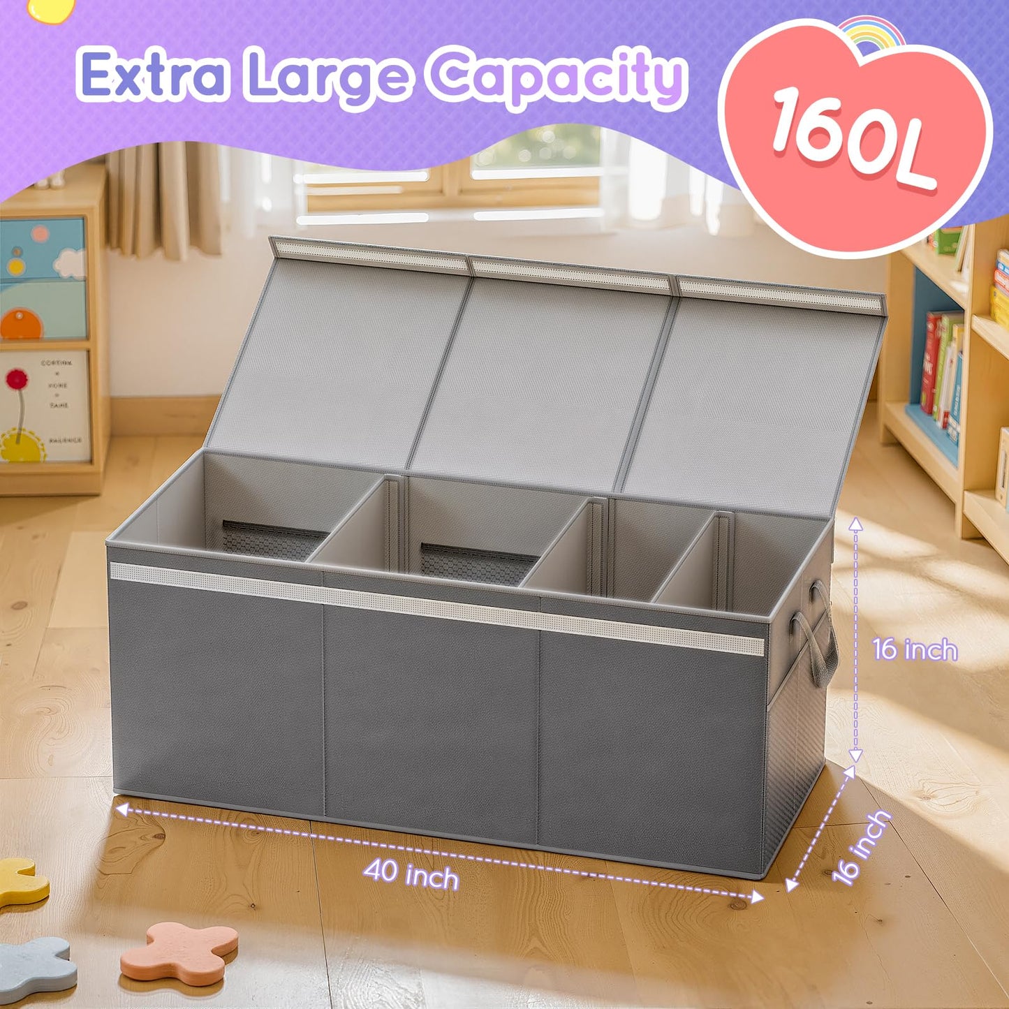 Lewondr Extra Large Toy Chest Storage Bin with Lids, Collapsible Sturdy Toy Chest Storage Box for Boys, Girls, 3 Removable Dividers for Living Room, Playroom, Nursery, Bedroom, 40"*16"*16", Grey