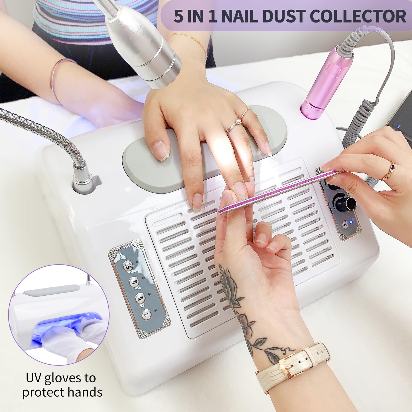 Nail Dust Collector Vacuum Multifunction Nail Art Machine Includes 40W Nail Dust Suction, 30000PRM Nail Drill with Bits and Sanding Bands, 48W/96W UV LED Nail Lamp, 6W Table Light, Hand Cushion