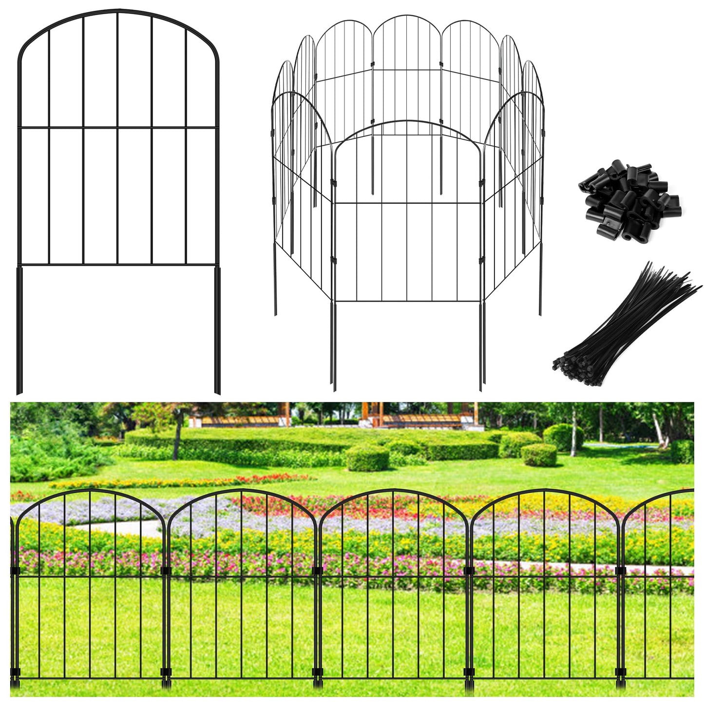 Decorative Garden Fence 24in (H) x 10.5ft (L), 10 Panels No Dig Garden Fencing Animal Barrier for Dogs Rabbits Arched Flower Bed Edging, Metal Wire Border Panel for Outdoor Patio Yard Decor