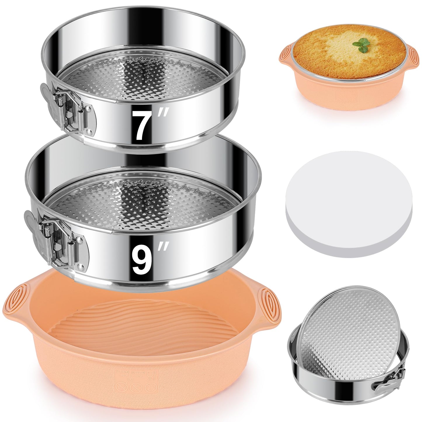 7, 9 Inch Springform Pan, Nonstick 304 Stainless Steel Cake Pans with Removable Bottom, Leakproof Springform Pan for Cheesecake with Silicone Pans Protector & 50PCS Parchment Paper, Dishwasher Safe