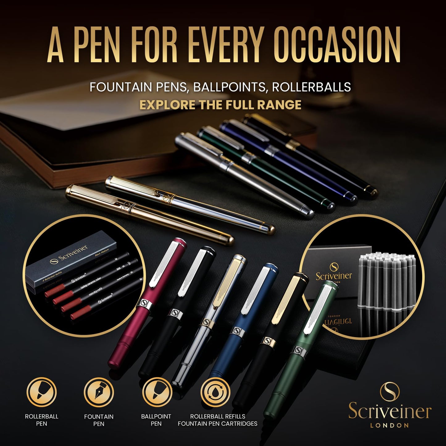 Scriveiner Black Rollerball EDC Luxury Pen, Stunning Pocket Pen, Real Gold Plating, Cool Writing Pen, Best Pen Gift for Men, Women, German Schmidt Refill, Nice Present, Fancy Office Designer Pen Set
