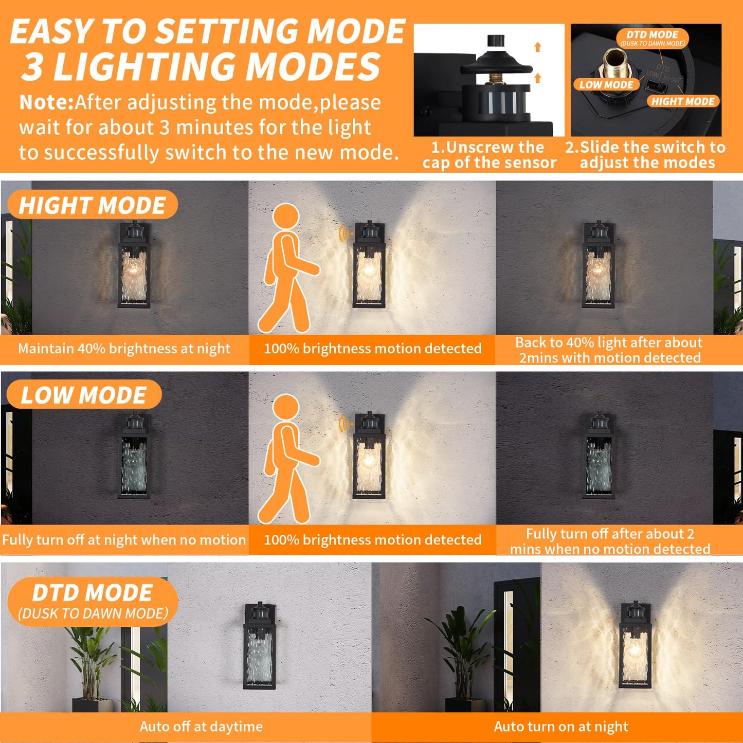 MDENLT 2 Pack Motion Sensor Outdoor Wall Lights,Updated Dusk to Dawn Outdoor Lighting, Exterior Light Fixtures Wall Mount,Waterproof Porch Light Outside Lights for House