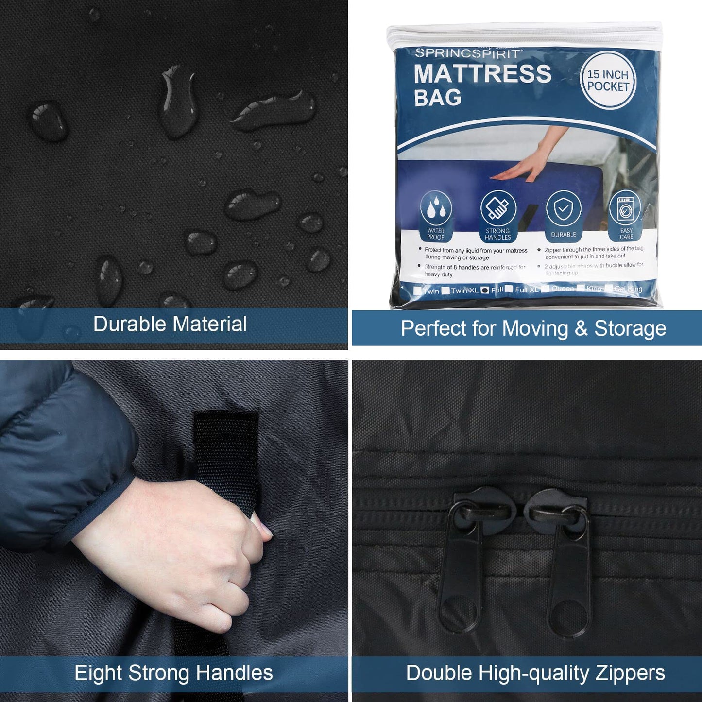 SPRINGSPIRIT Mattress Bag for Moving & Storage Twin, Waterproof Mattress Bag with Zipper Closure & Strong Handles, Reusable Heavy Duty Mattress Moving Bag, Black