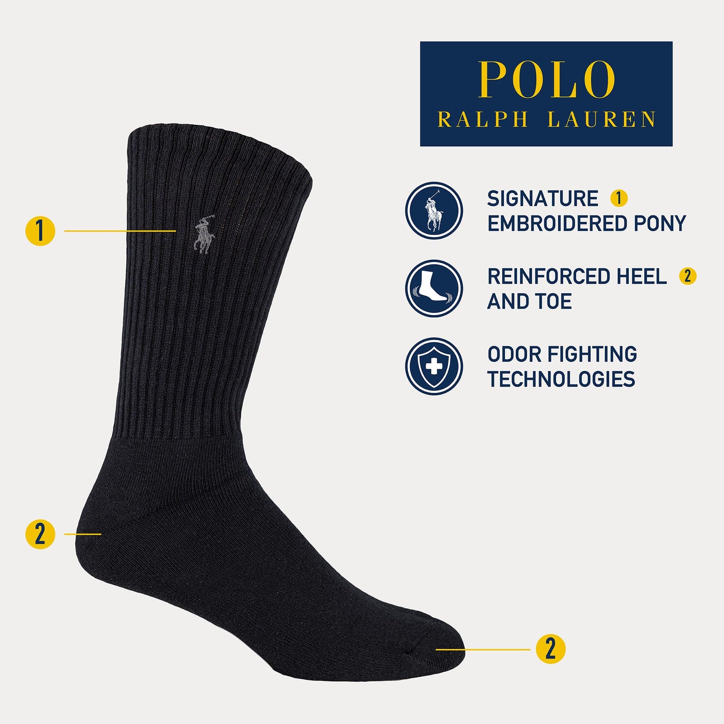 Polo Ralph Lauren Men's Ribbed Casual Crew Socks -3 Pair Pack- Cotton Comfort & Heel-toe Reinforcement, Oatmeal Heather, 6-12.5