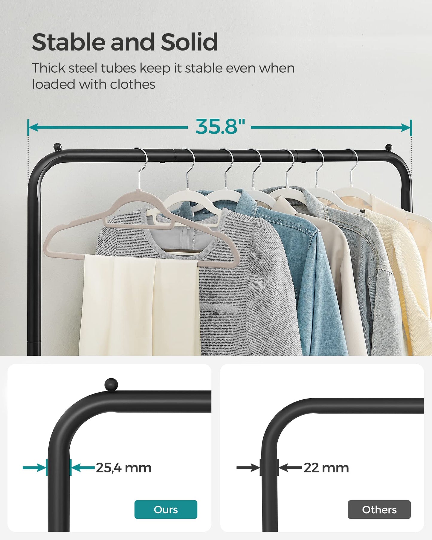 SONGMICS Clothes Rack with Wheels, 35.8 Inch Garment Rack, Clothing Rack for Hanging Clothes, with Dense Mesh Storage Shelf, 110 lb Load Capacity, 2 Brakes, Steel Frame, Black UHSR25BK